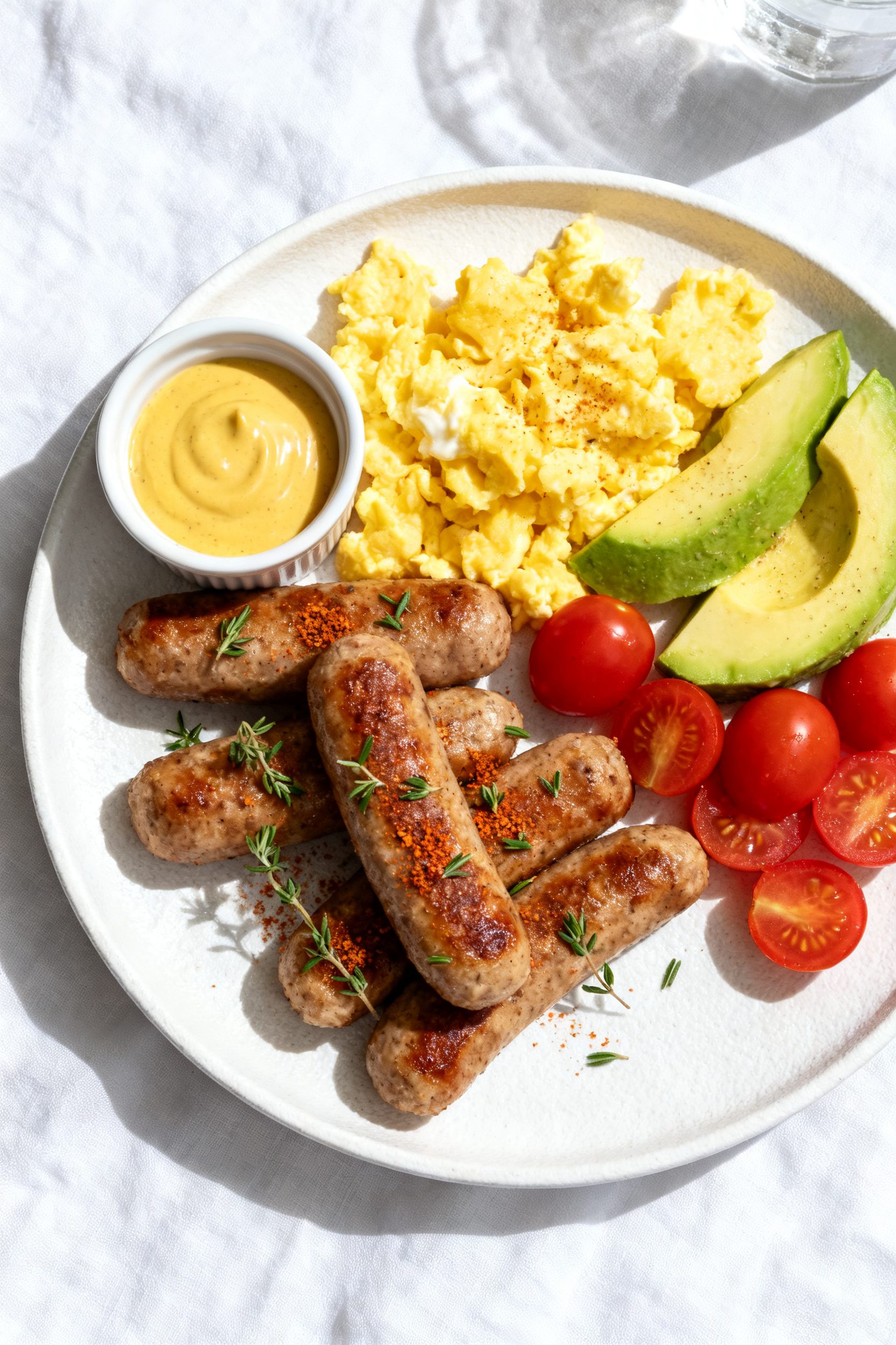 Tasty top view: Overhead shot of a breakfast plate featuring golden-brown turkey sausage links arran