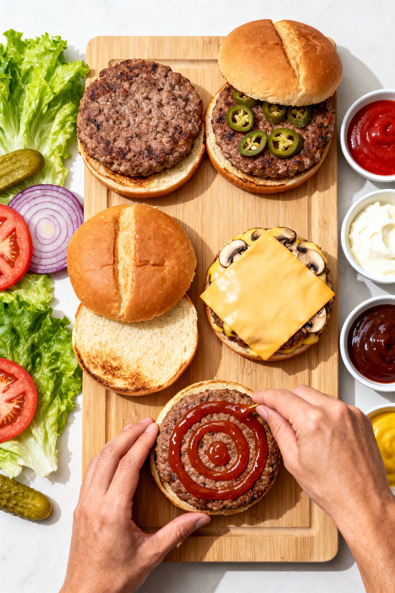 Tasty top view: Overhead shot of a build-your-own burger spread featuring four cooked patties (two p