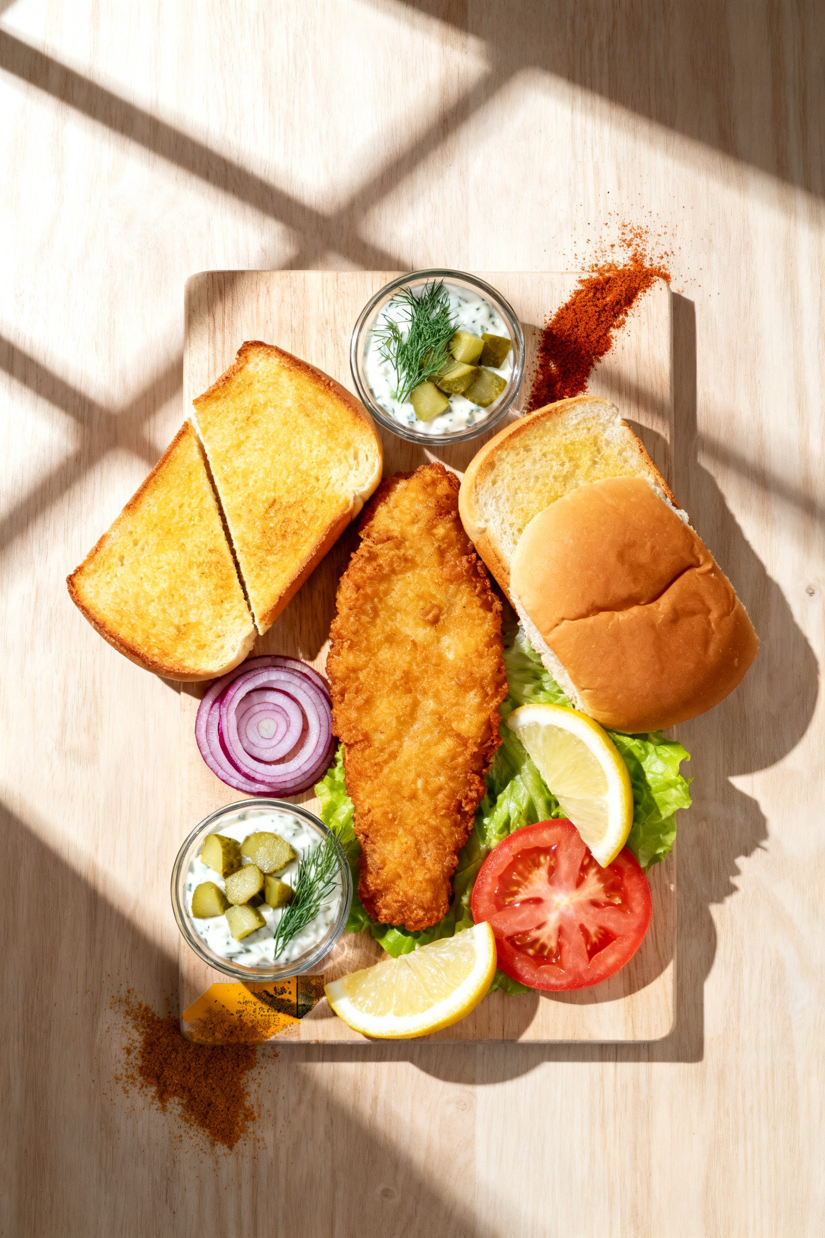 Tasty top view: Overhead shot of a build-your-own fish sandwich spread—two toasted bun halves (cut