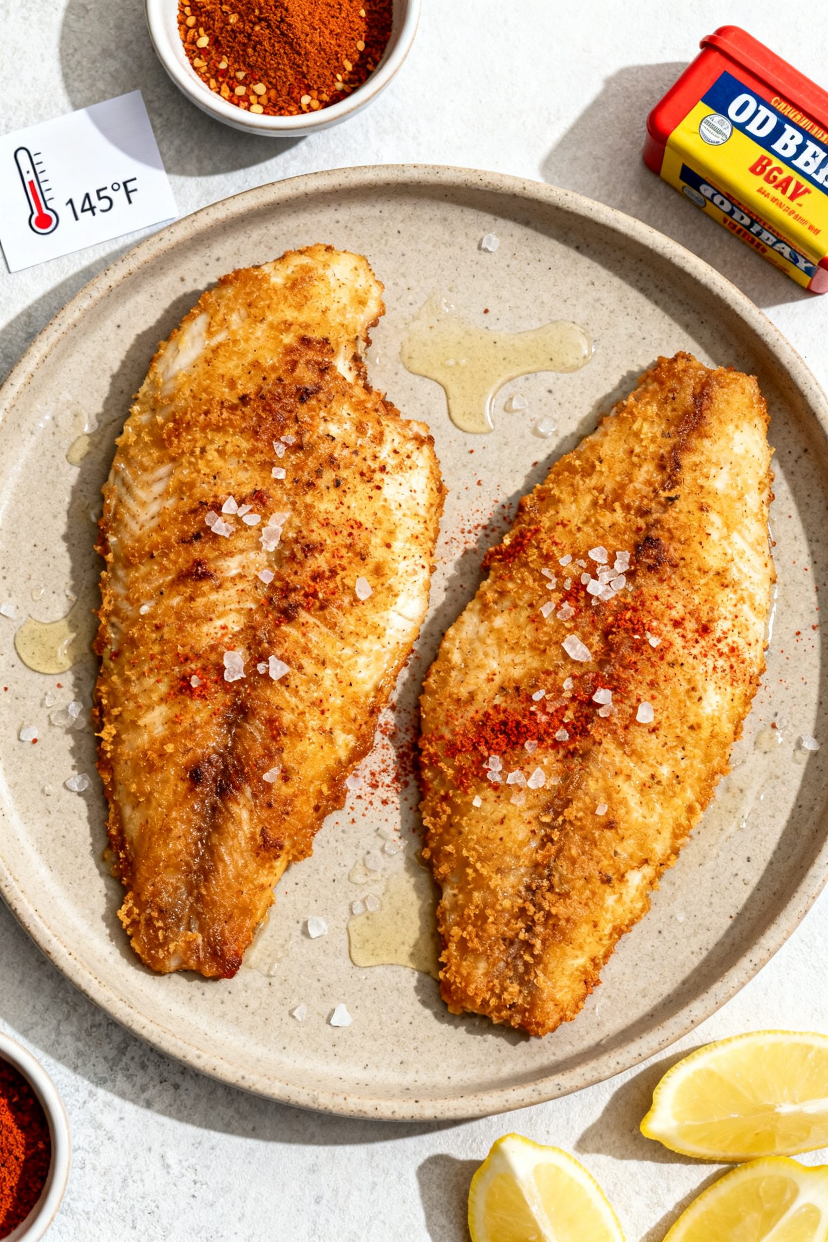 Tasty top view: Overhead shot of a casual weeknight tilapia plate—two golden, crispy fillets on a 