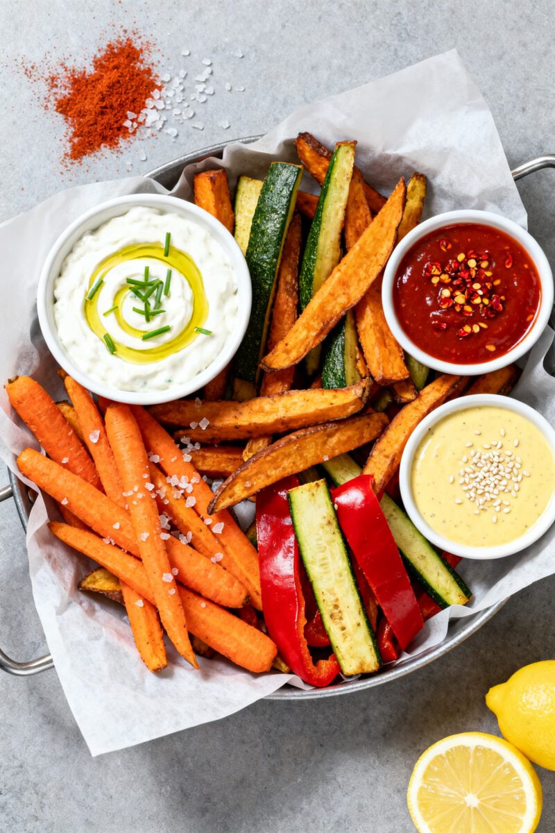 Tasty top view: Overhead shot of a colorful mixed basket of veggie fries (carrot, sweet potato, zucc