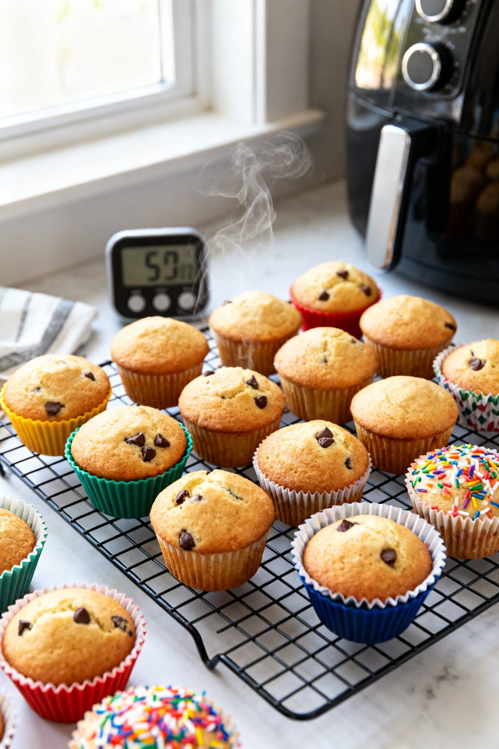 Tasty top view: Overhead shot of a cooling rack filled with freshly baked air fryer cupcakes—unifo
