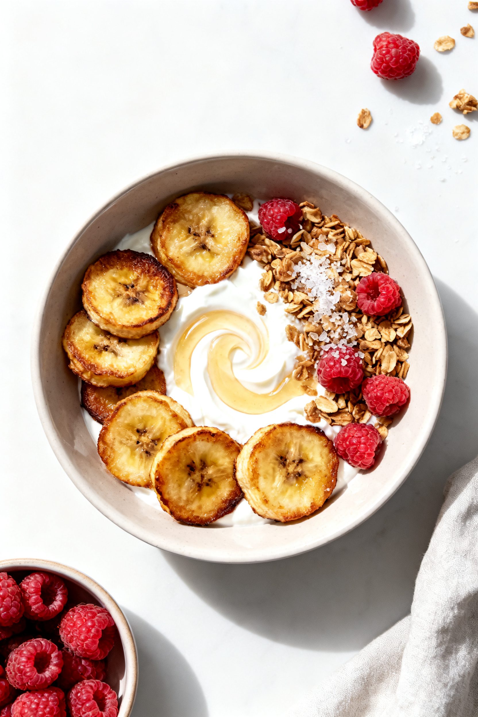 Tasty top view: Overhead shot of a cozy bowl of air-fried banana coins served with Greek yogurt, a l