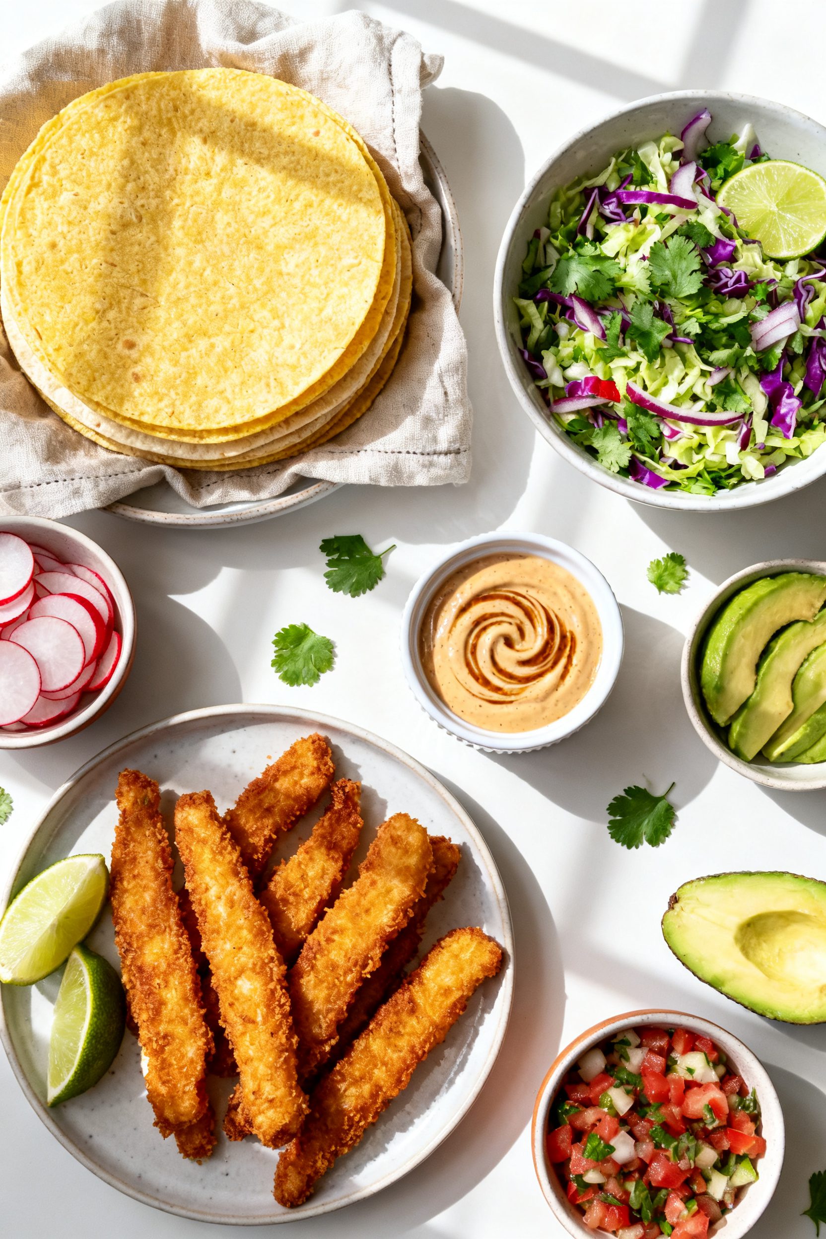 Tasty top view: Overhead shot of a DIY taco assembly spread—warm corn and flour tortillas stacked 