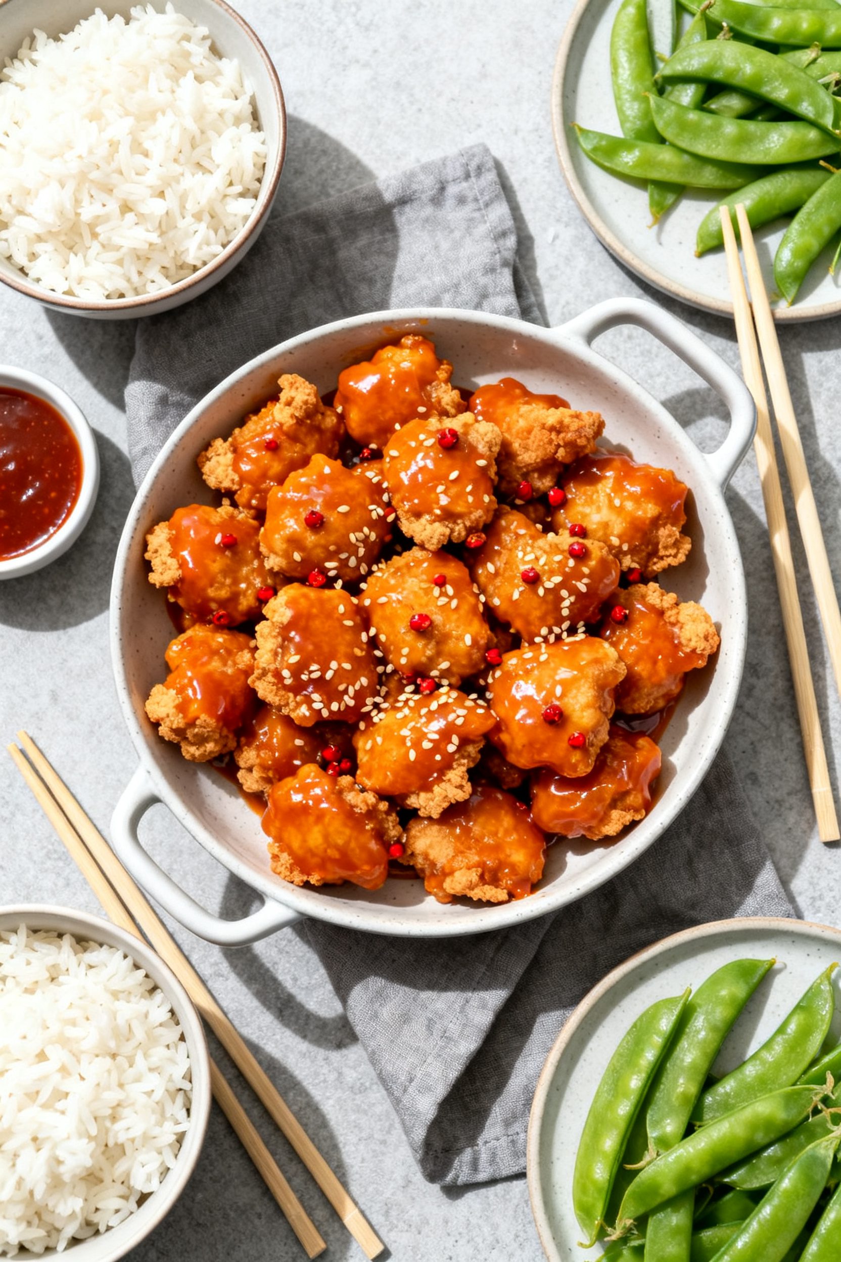 Tasty top view: Overhead shot of a family-style serving bowl filled with saucy orange chicken, piece