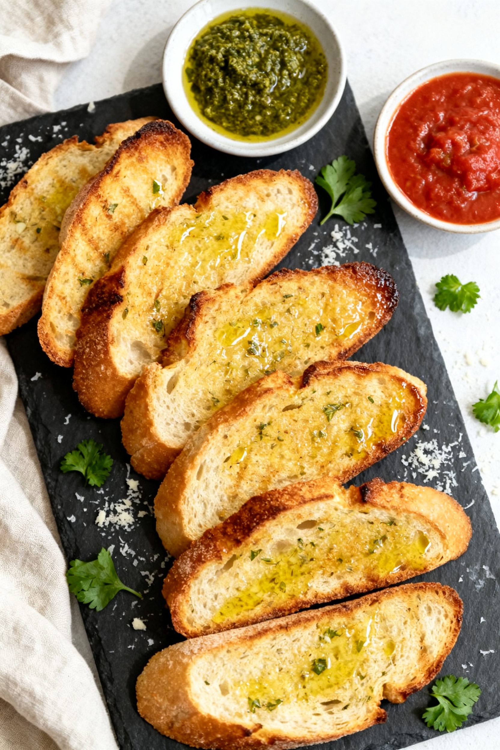 Tasty top view: Overhead shot of a family-style spread—regular-thickness garlic toast slices arran
