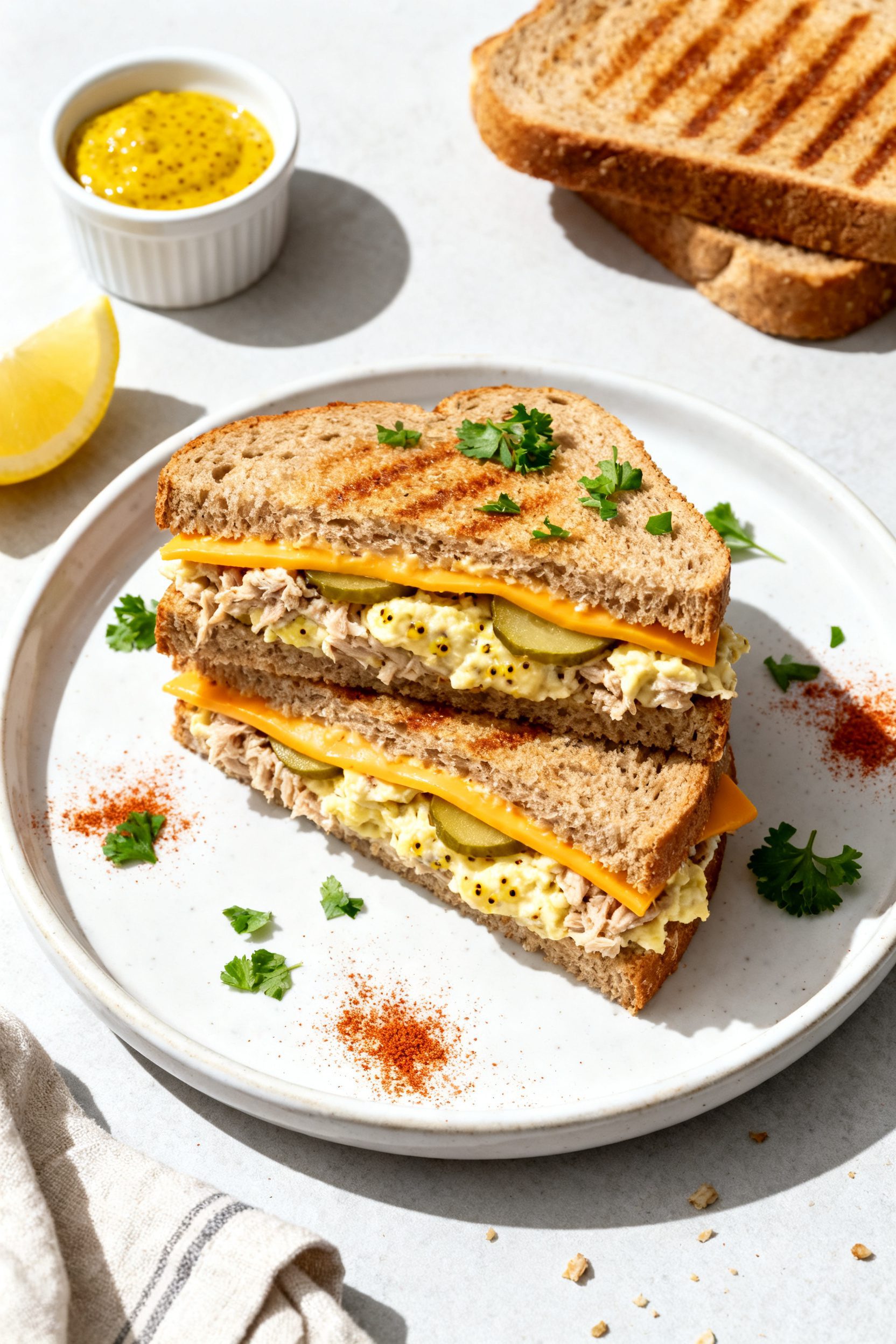 Tasty top view: Overhead shot of a final plated Air Fryer Tuna Egg Cheese Sandwich, halved and stack