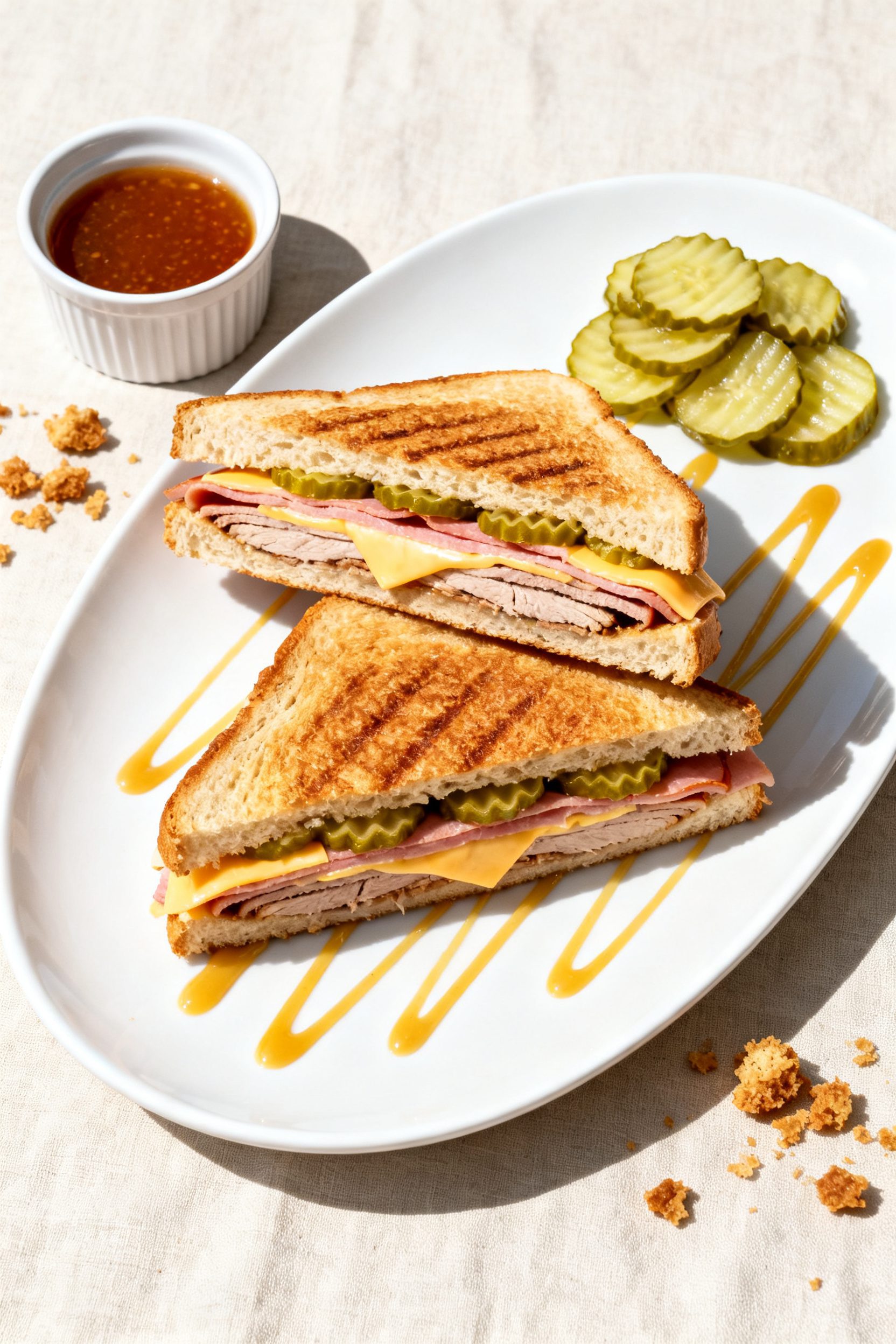 Tasty top view: Overhead shot of a final plated Air Fryer Cuban Sandwich on a white oval plate—two