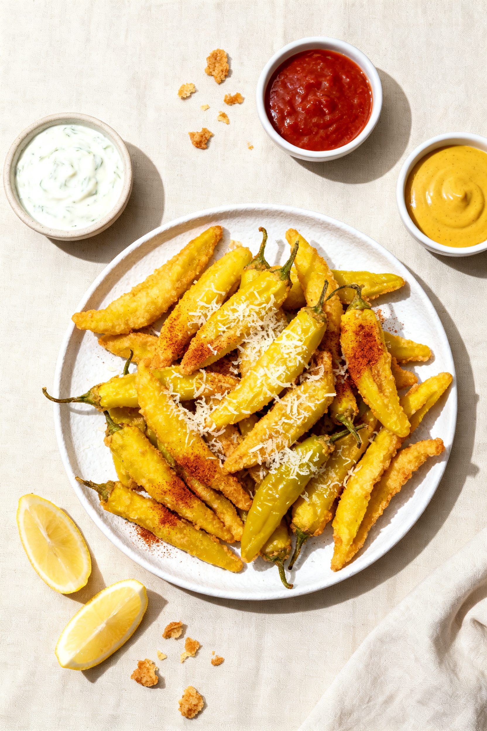 Tasty top view: Overhead shot of a final platter of air-fried banana peppers piled high on a matte w