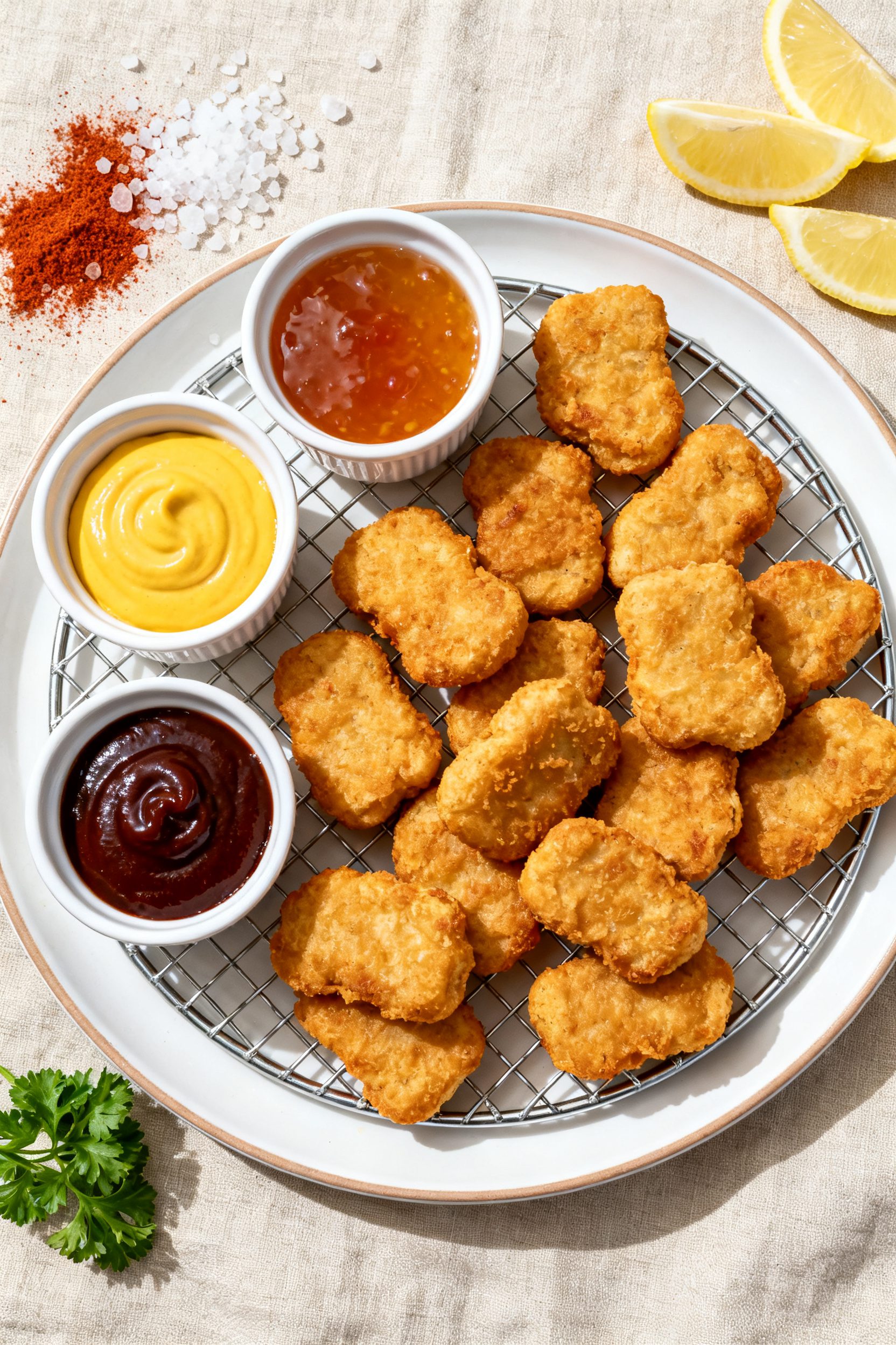 Tasty top view: Overhead shot of a final platter of air-fried “McDonalds-style” chicken nuggets 
