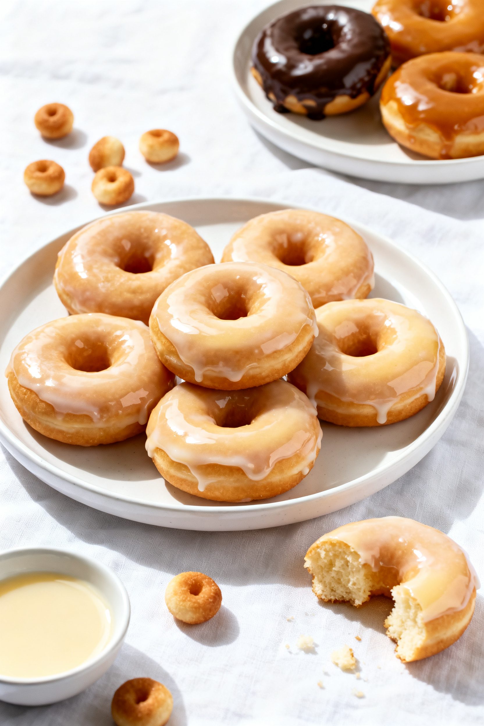 Tasty top view: Overhead shot of a final platter of glazed Krispy Kreme–style donuts on a white ce