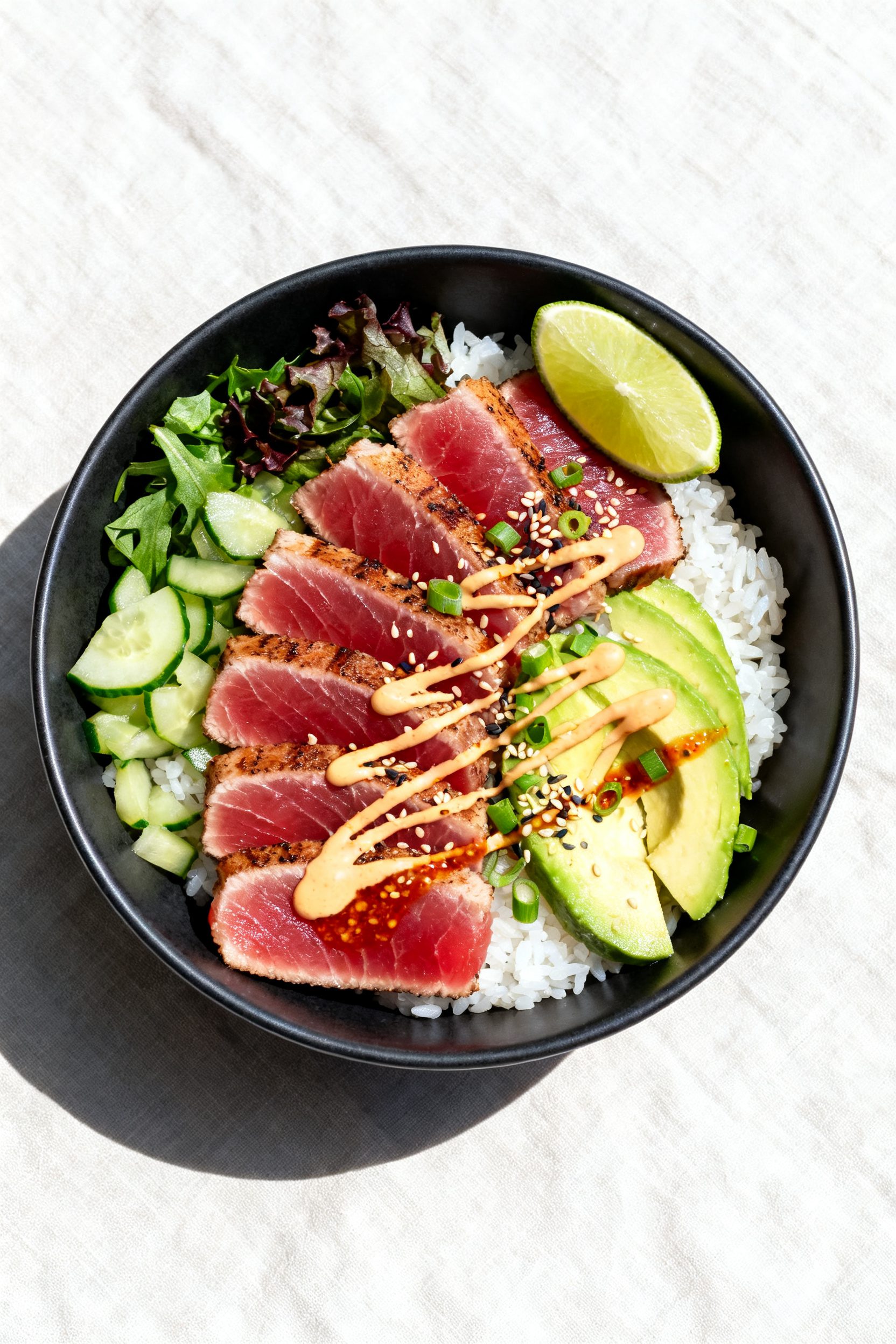Tasty top view: Overhead shot of a finished ahi tuna rice bowl—thick slices of seared tuna fanned 