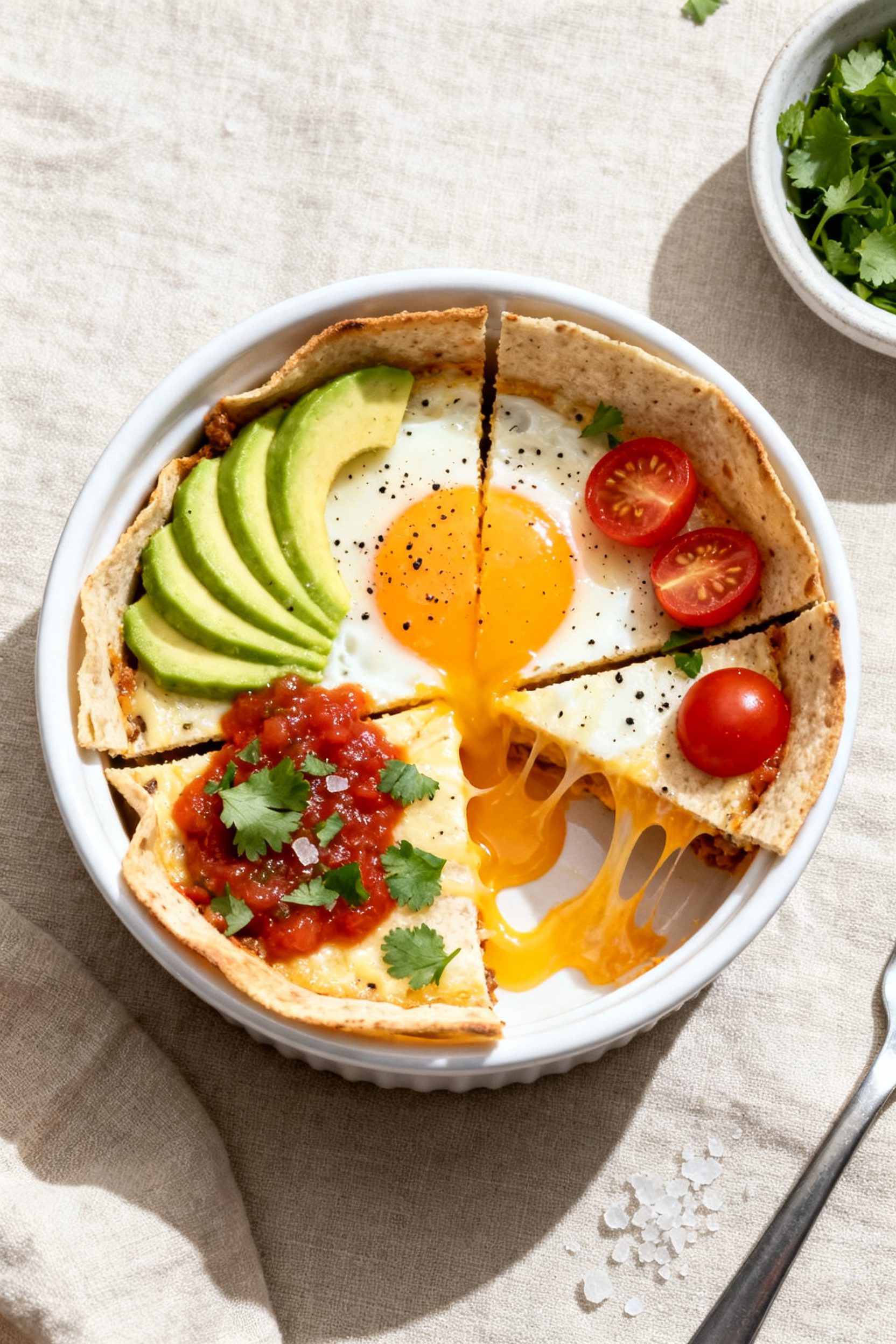 Tasty top view: Overhead shot of a finished Air Fryer Egg Tortilla Bowl sliced into wedges in the ra