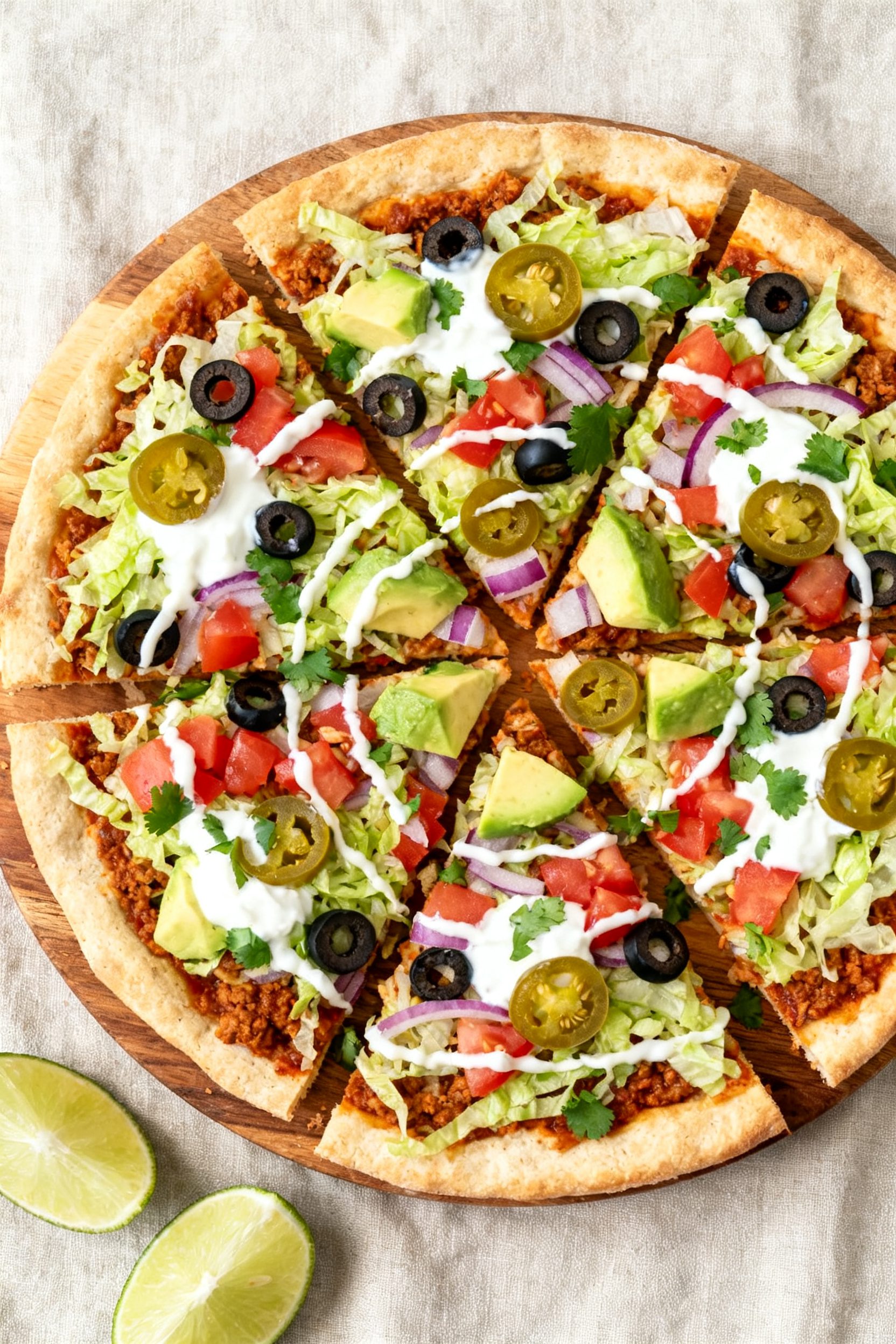 Tasty top view: Overhead shot of a finished Air Fryer Taco Pizza on a wooden board, sliced into wedg