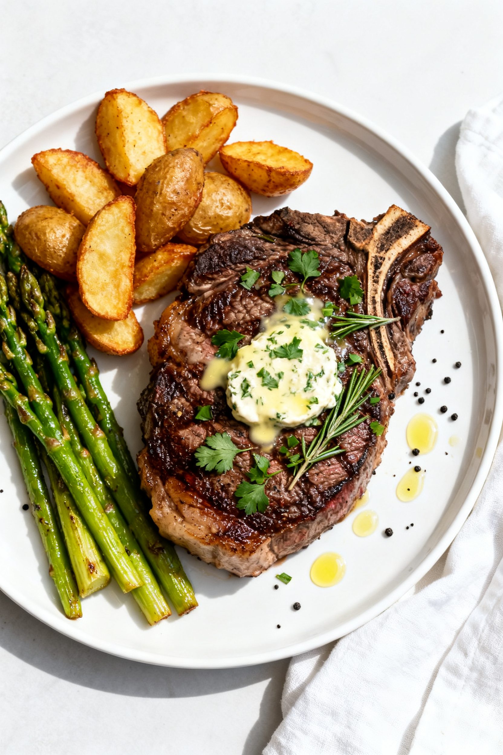 Tasty top view: Overhead shot of a finished, beautifully plated ribeye on a white plate, topped with
