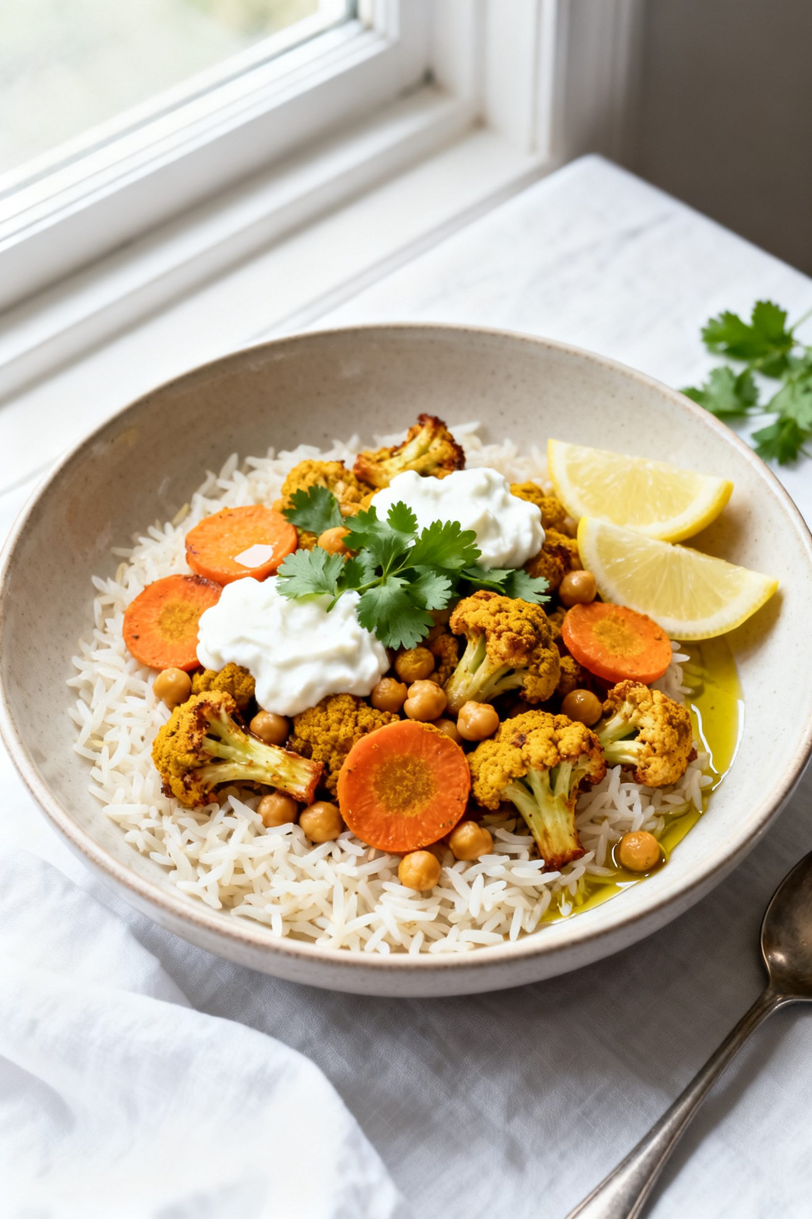 Tasty top view: Overhead shot of a finished Curry Veg Bowl—air-fried cauliflower and carrot coins 