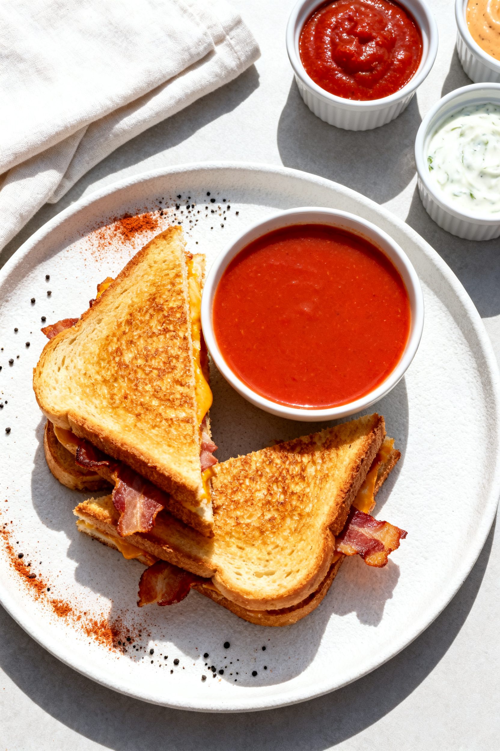 Tasty top view: Overhead shot of a finished Texas toast grilled cheese cut on the diagonal and neatl
