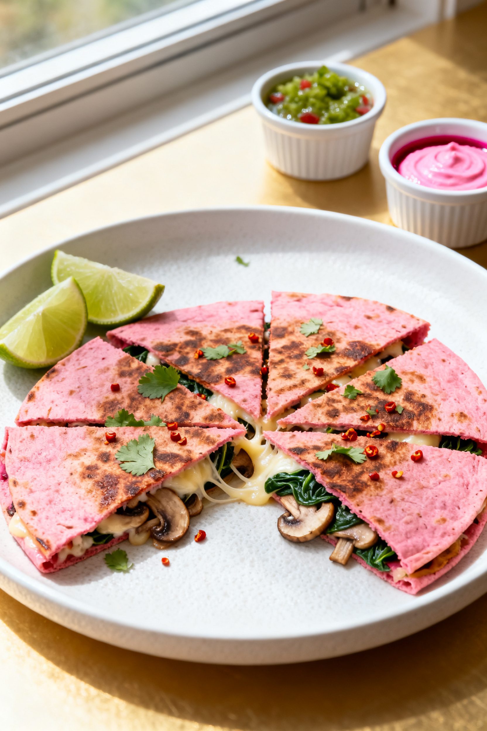 Tasty top view: Overhead shot of a freshly air-fried pink quesadilla sliced into neat wedges on a ma