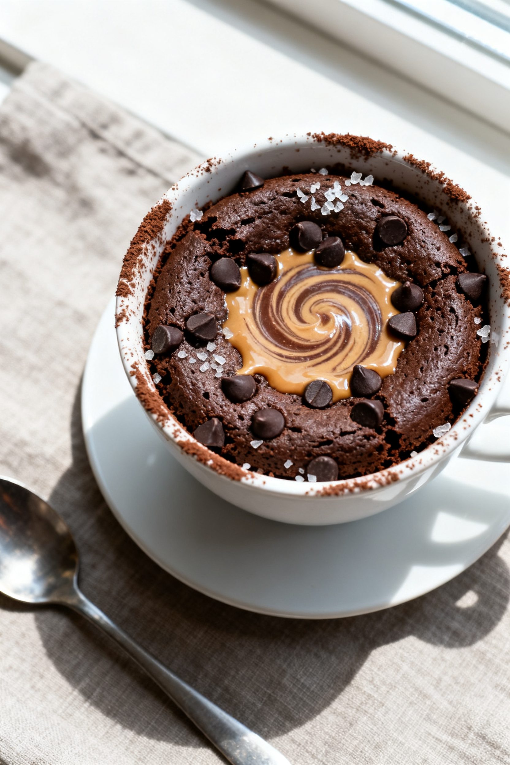 Tasty top view: Overhead shot of a freshly cooked air fryer chocolate mug cake with a molten peanut