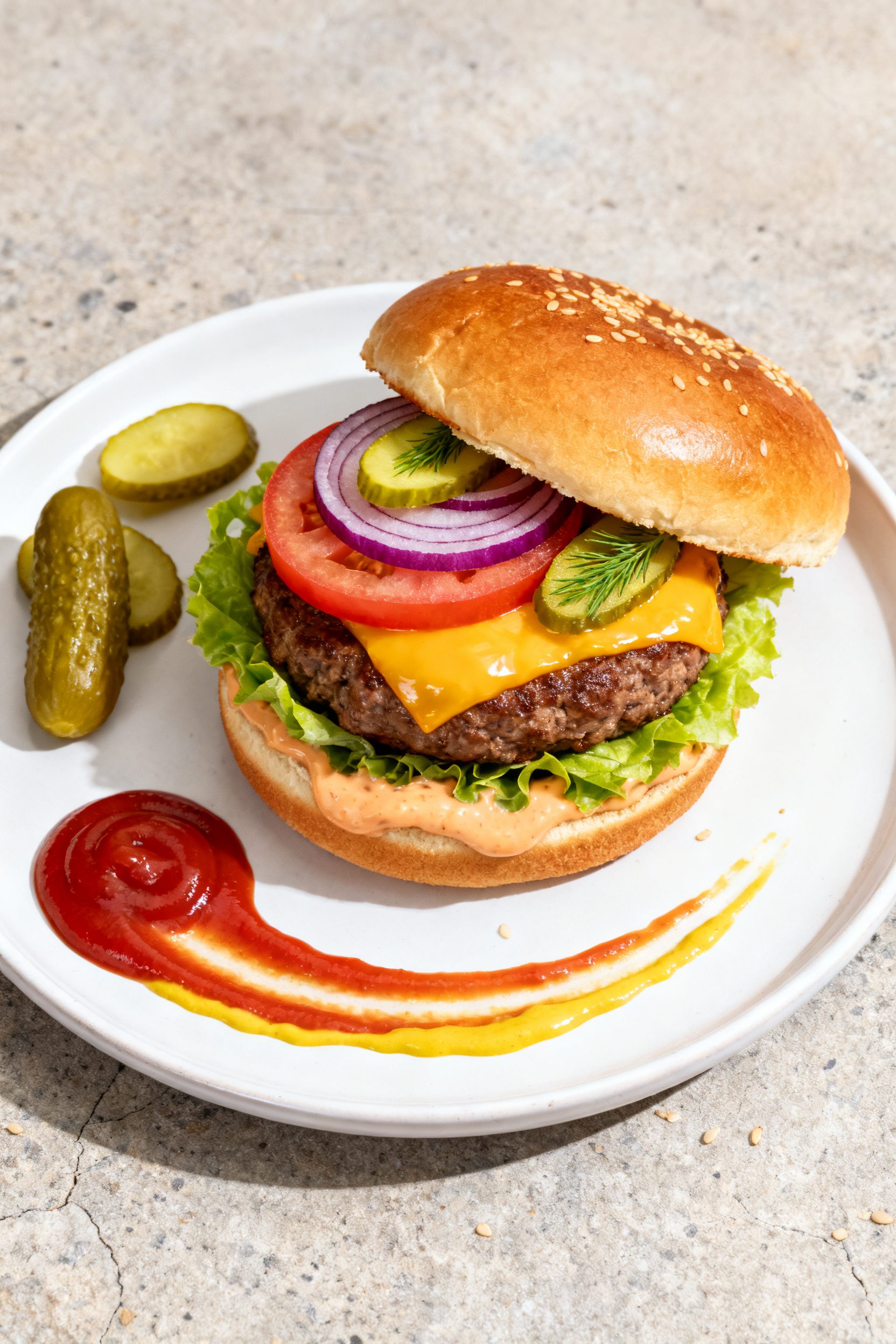 Tasty top view: Overhead shot of a fully assembled air fryer cheeseburger on a toasted brioche bun, 