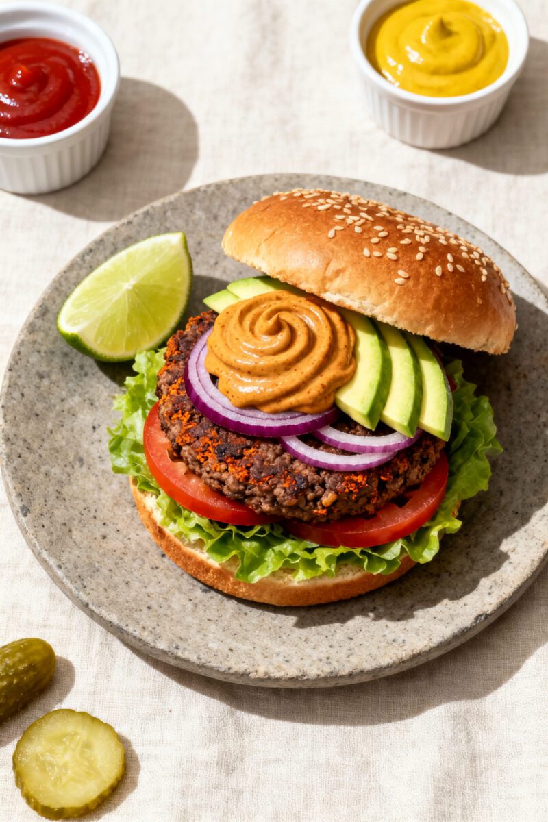 Tasty top view: Overhead shot of a fully assembled black bean burger on a toasted bun, stacked with