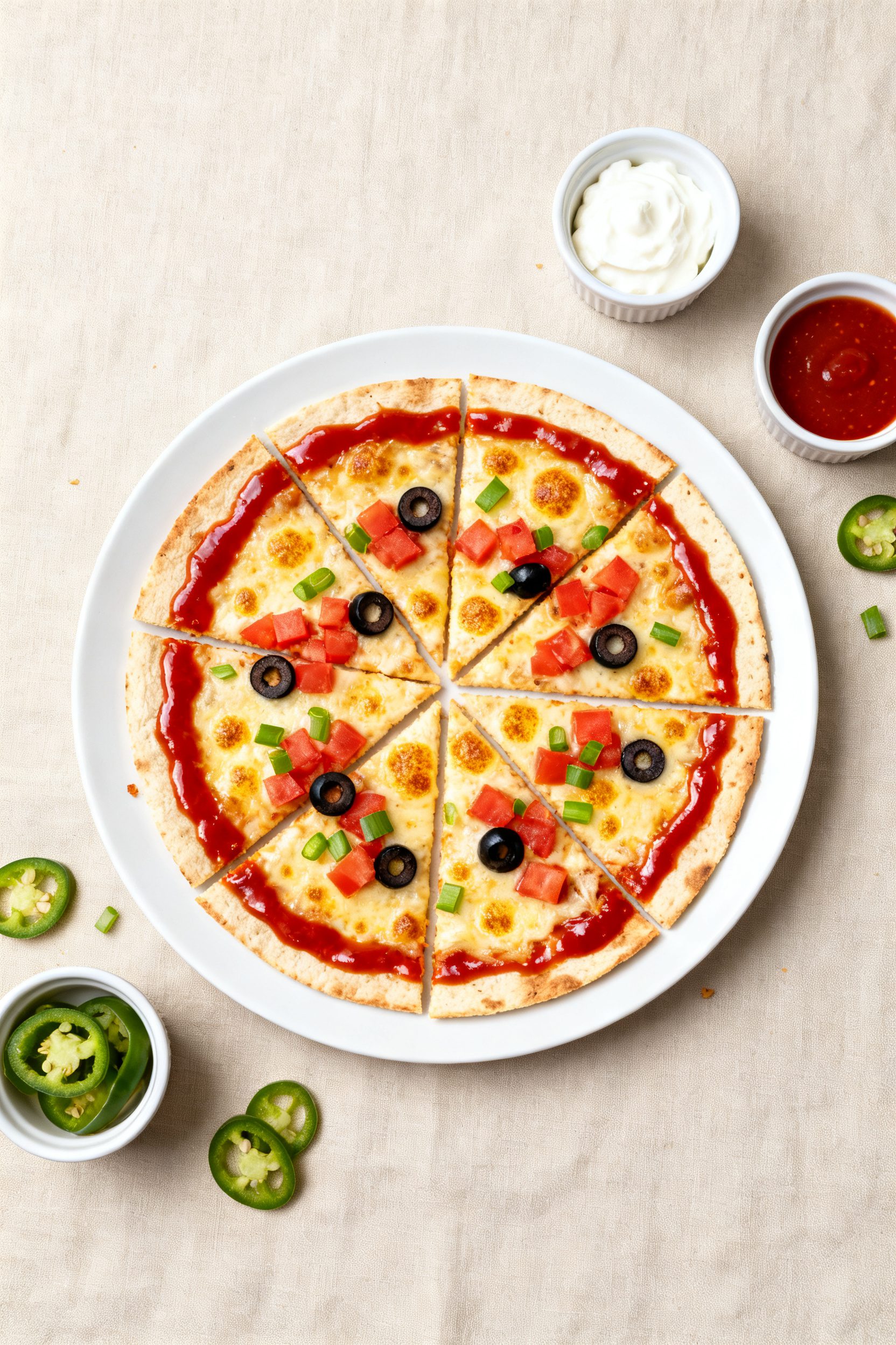Tasty top view: Overhead shot of a fully assembled Air Fryer Mexican Pizza just out of the fryer at 