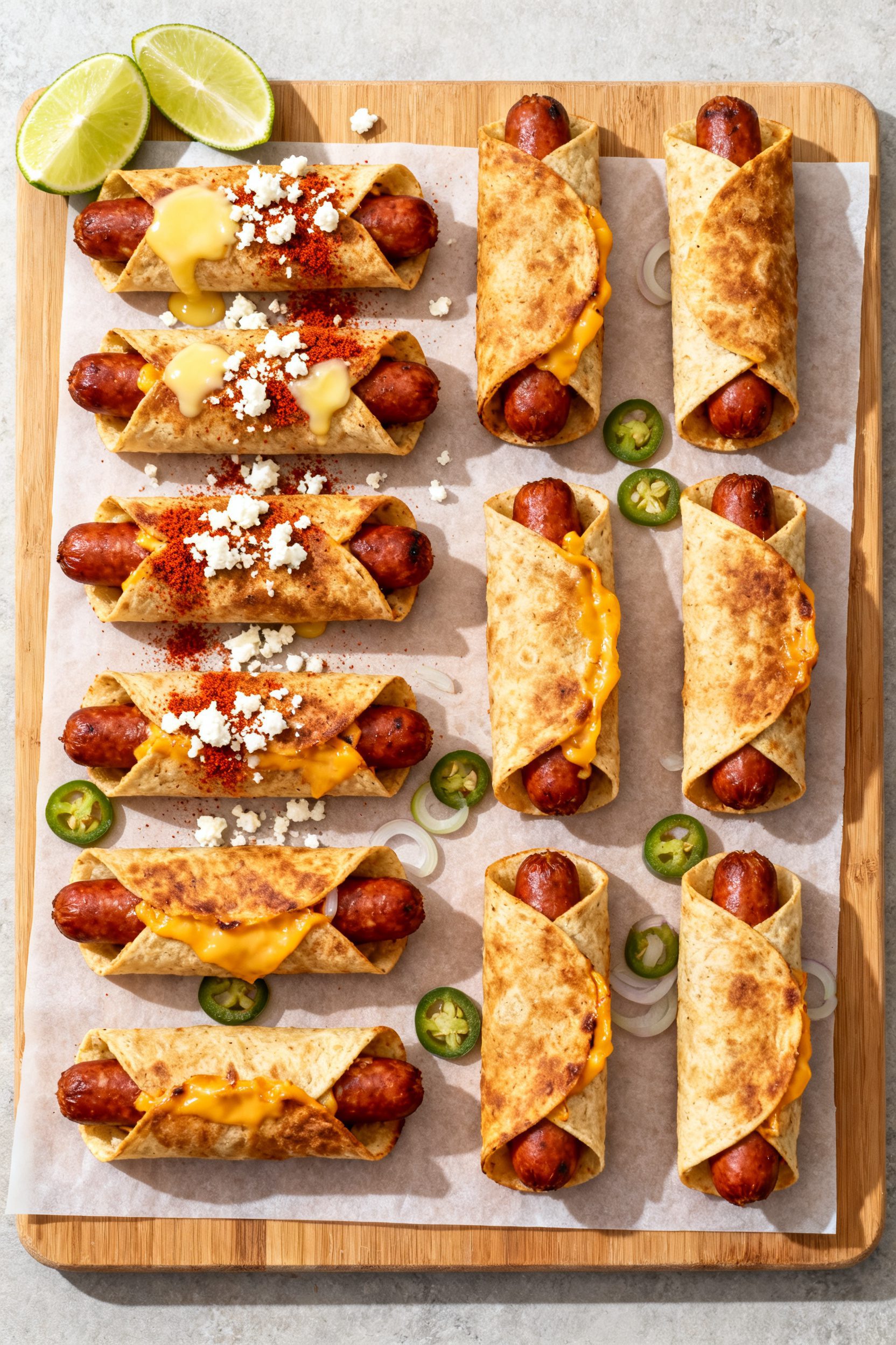 Tasty top view: Overhead shot of a game-day spread of tortilla-wrapped hot dogs cooked to a deep gol
