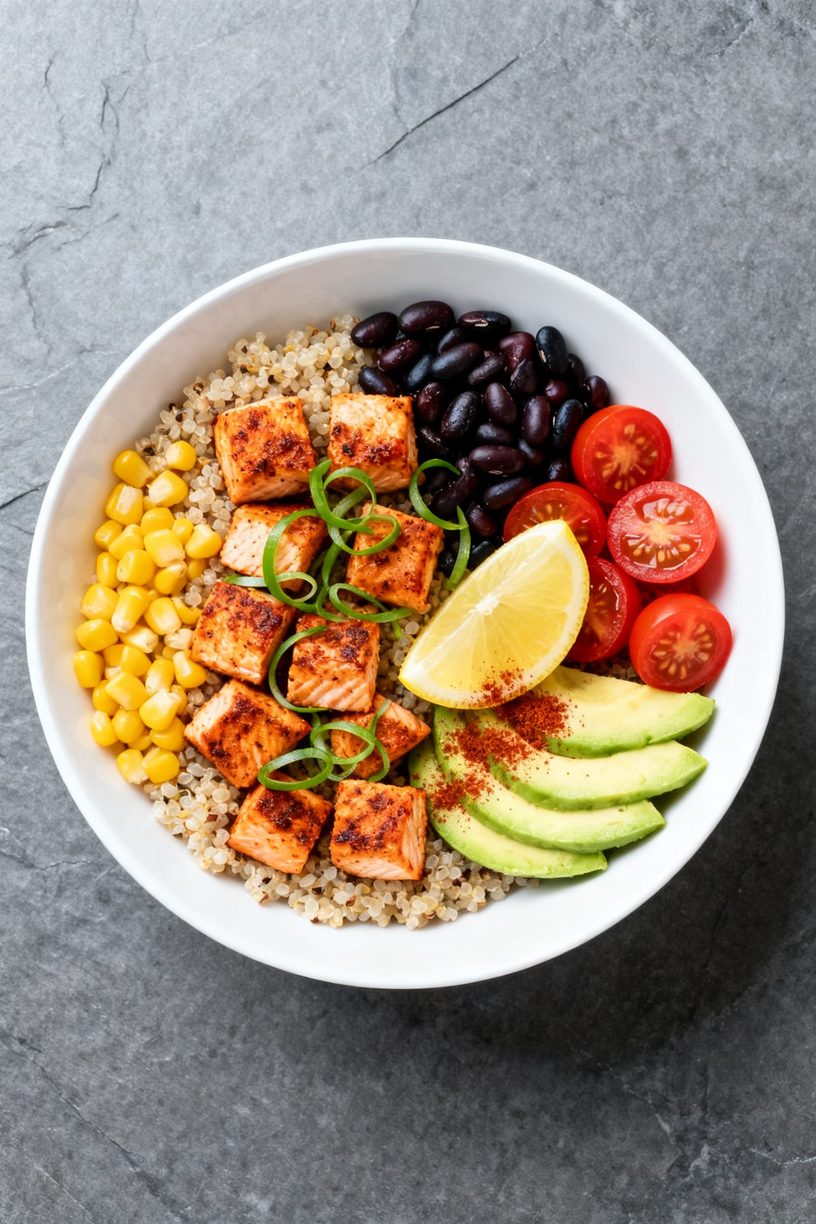 Tasty top view: Overhead shot of a grain bowl topped with Cajun salmon bites—quinoa base, corn, bl