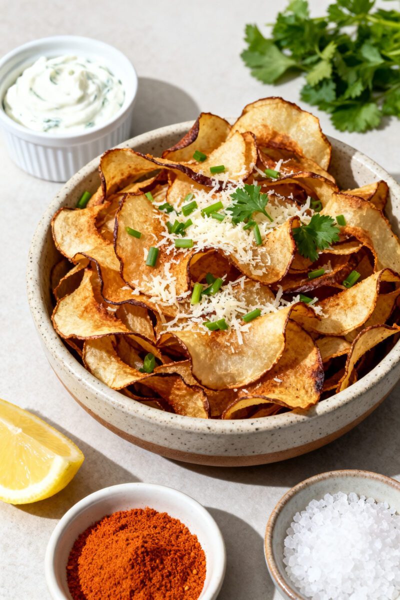 Tasty top view: Overhead shot of a heaping bowl of potato peel chips finished with freshly grated Pa