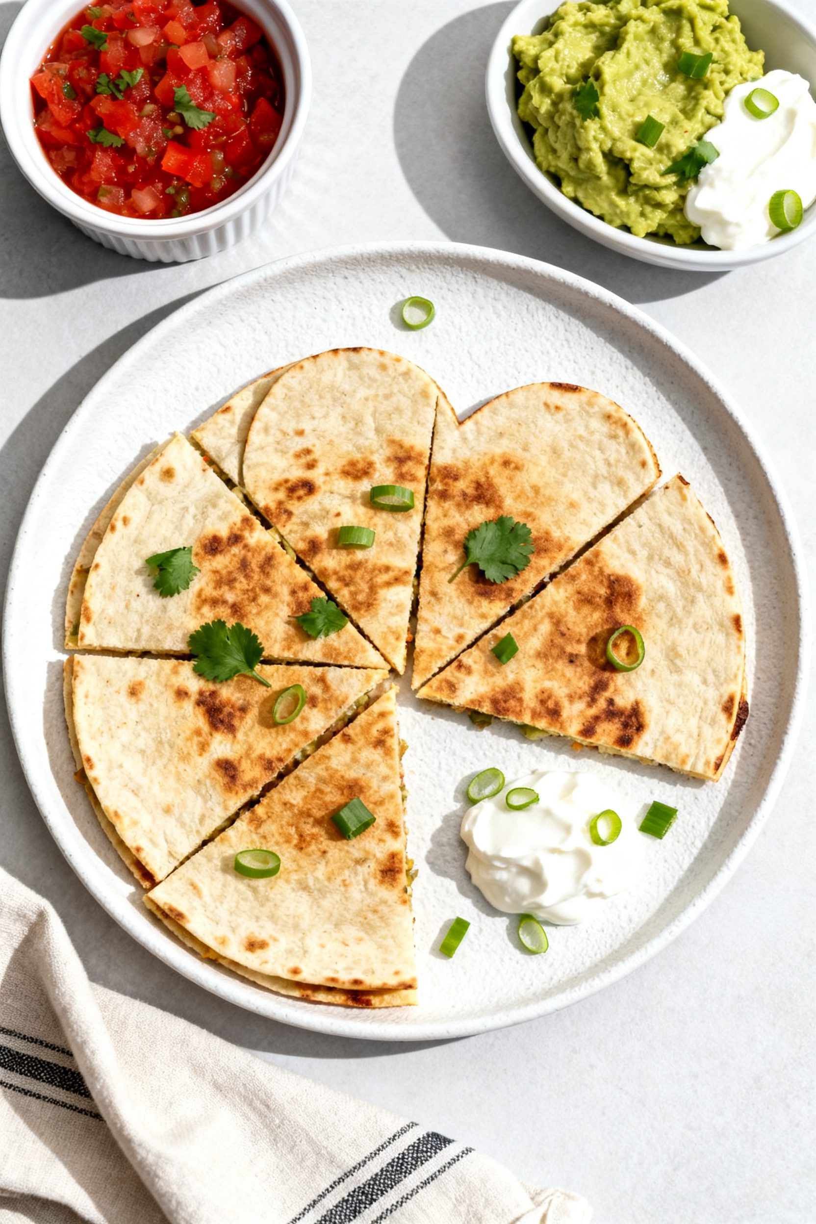 Tasty top view: Overhead shot of a heart-shaped quesadilla sliced into neat wedges on a matte white