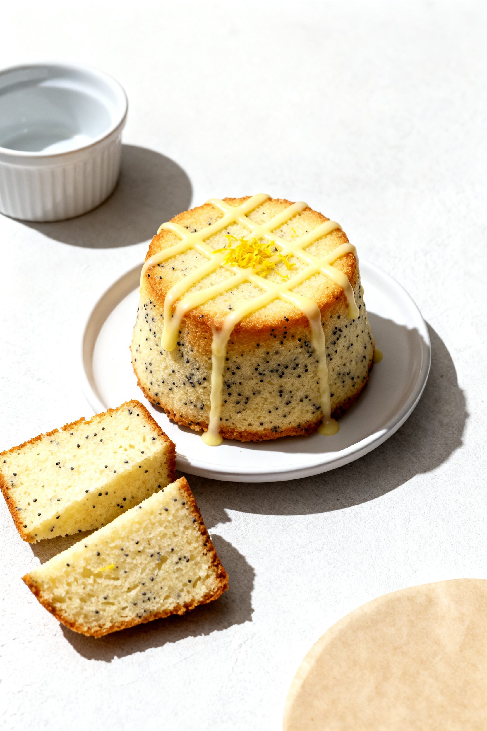 Tasty top view: Overhead shot of a Lemon Poppy Seed mini cake on a small white plate, evenly risen a