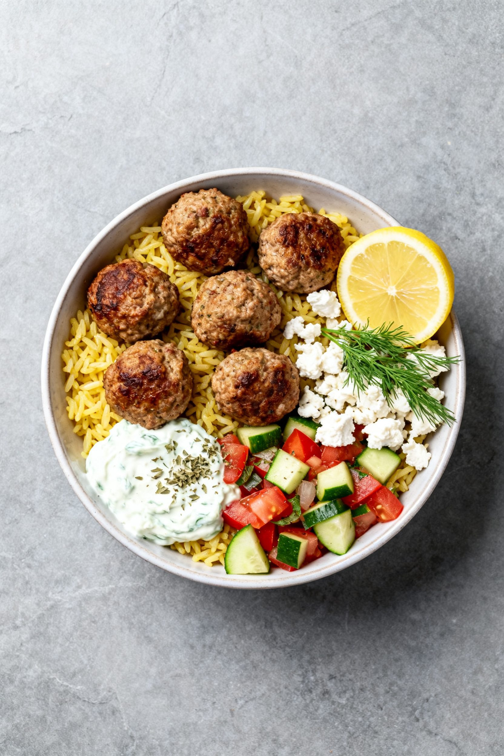 Tasty top view: Overhead shot of a Mediterranean bowl featuring the turkey meatballs over lemony ric