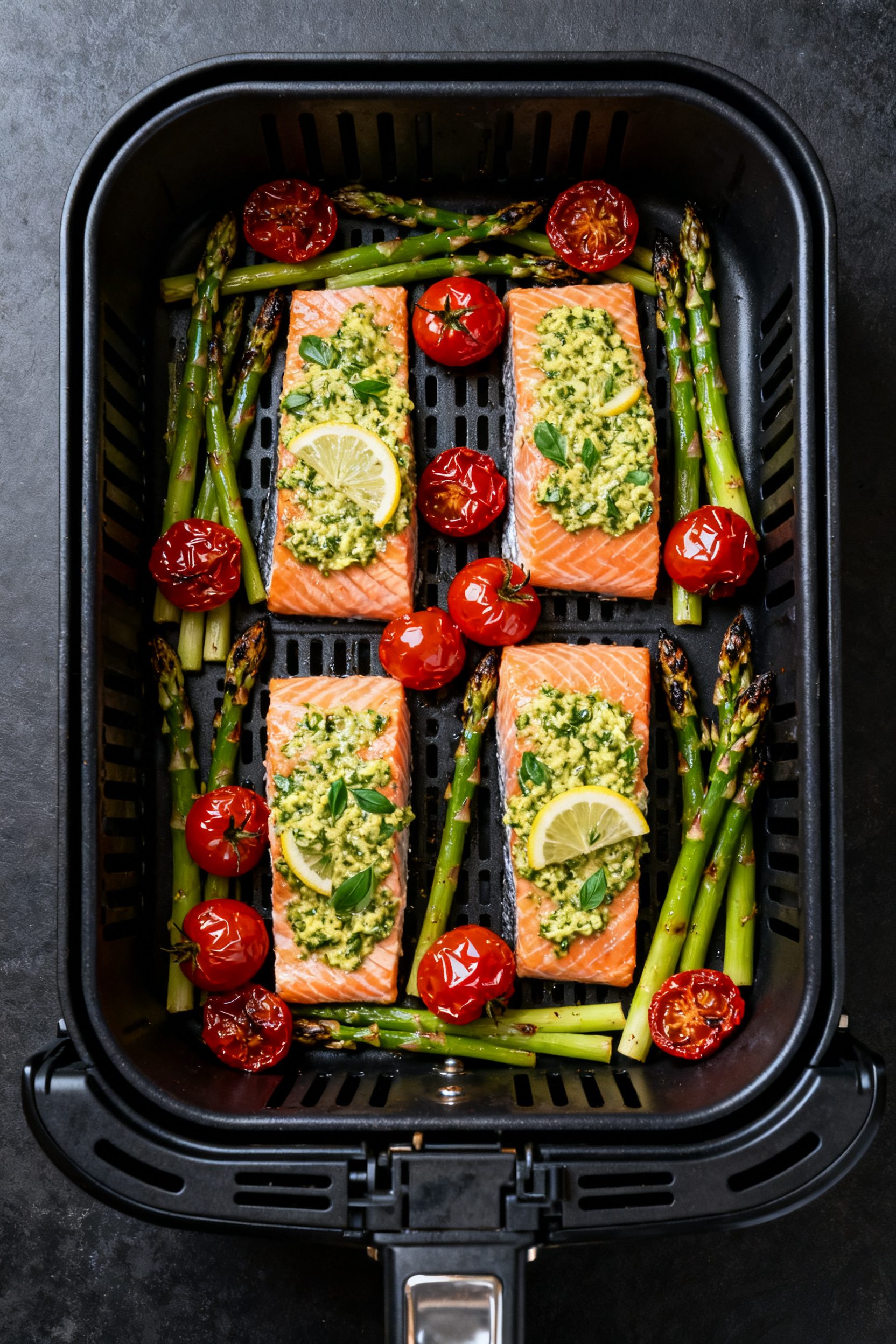 Tasty top view: Overhead shot of a one-basket meal in the open air fryer drawer—four salmon fillet