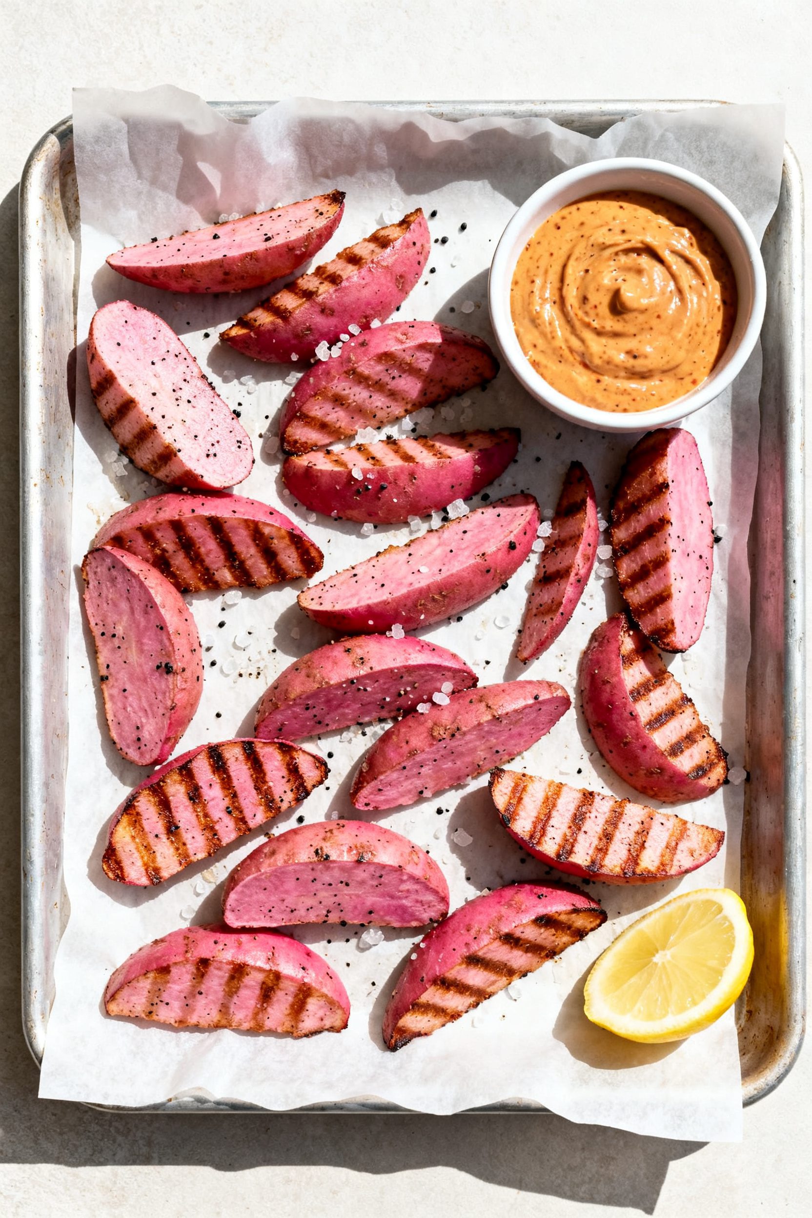Tasty top view: Overhead shot of a parchment-lined tray with cooked pink potato wedges arranged in a