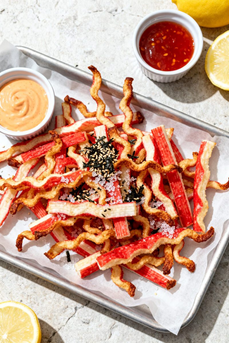 Tasty top view: Overhead shot of a parchment-lined tray piled with freshly air-fried crab stick cris