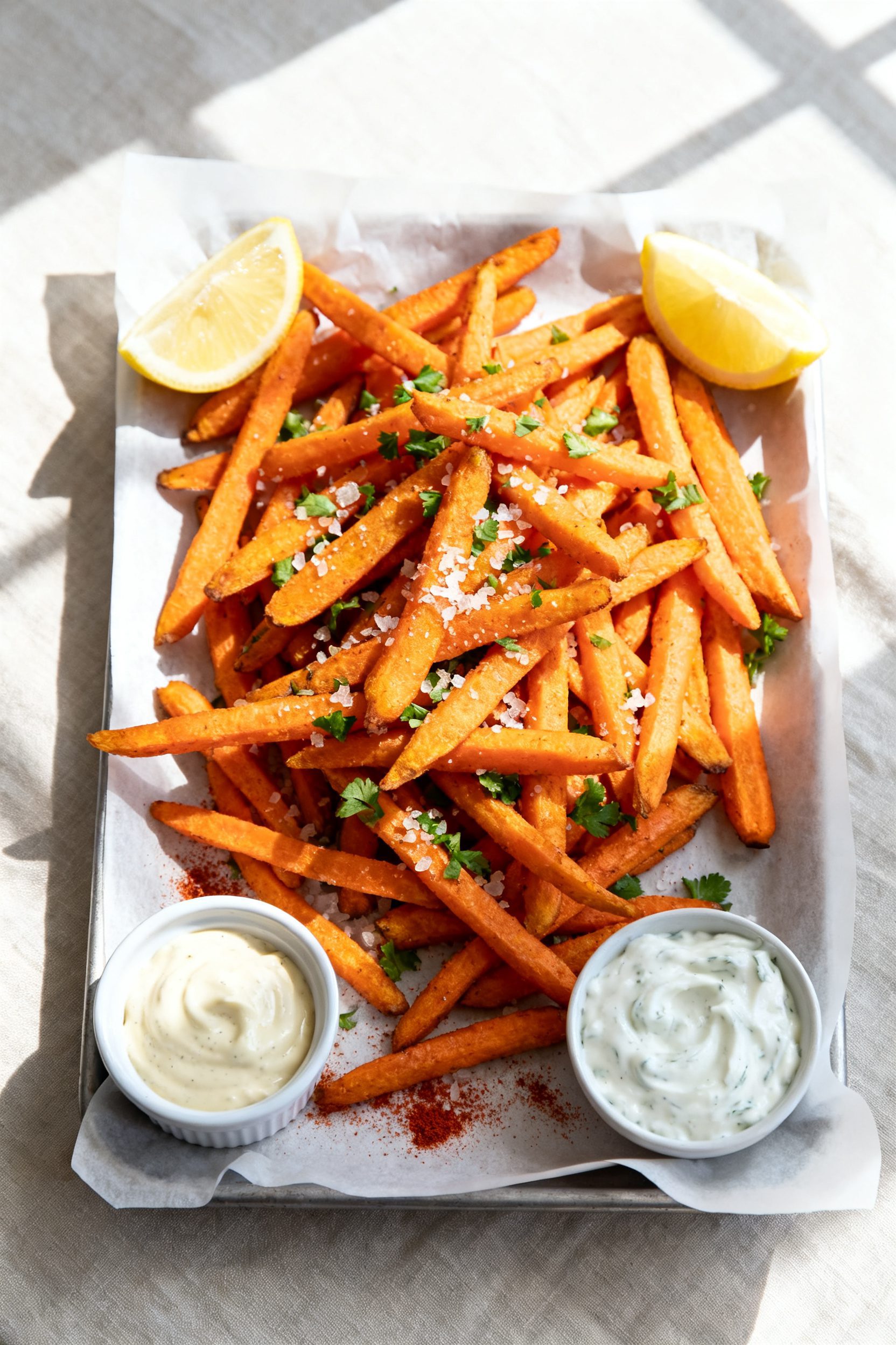 Tasty top view: Overhead shot of a parchment-lined platter piled with golden-orange carrot fries arr