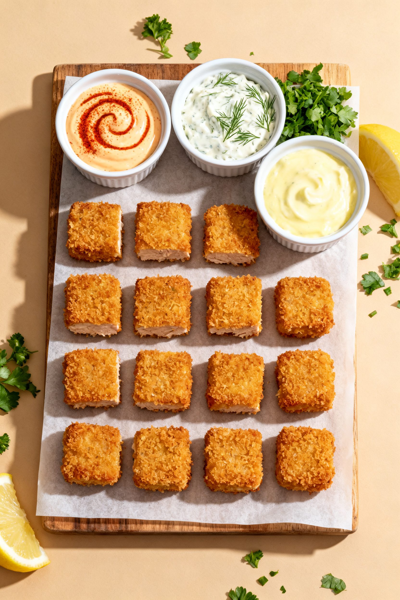 Tasty top view: Overhead shot of a parchment-lined board with 16 bite-sized tuna nuggets arranged in