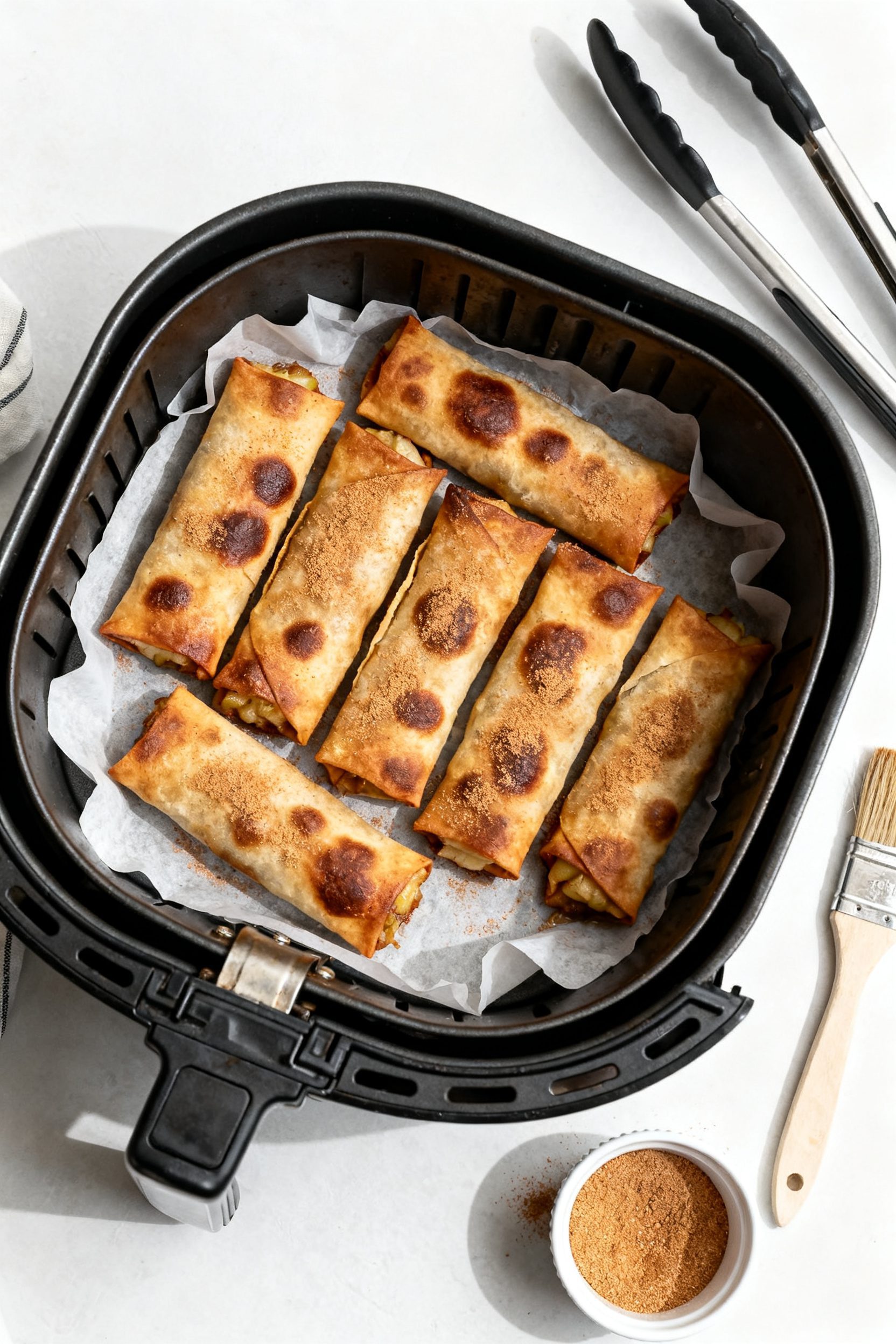 Tasty top view: Overhead shot of a parchment-lined air fryer basket filled with apple pie egg rolls 