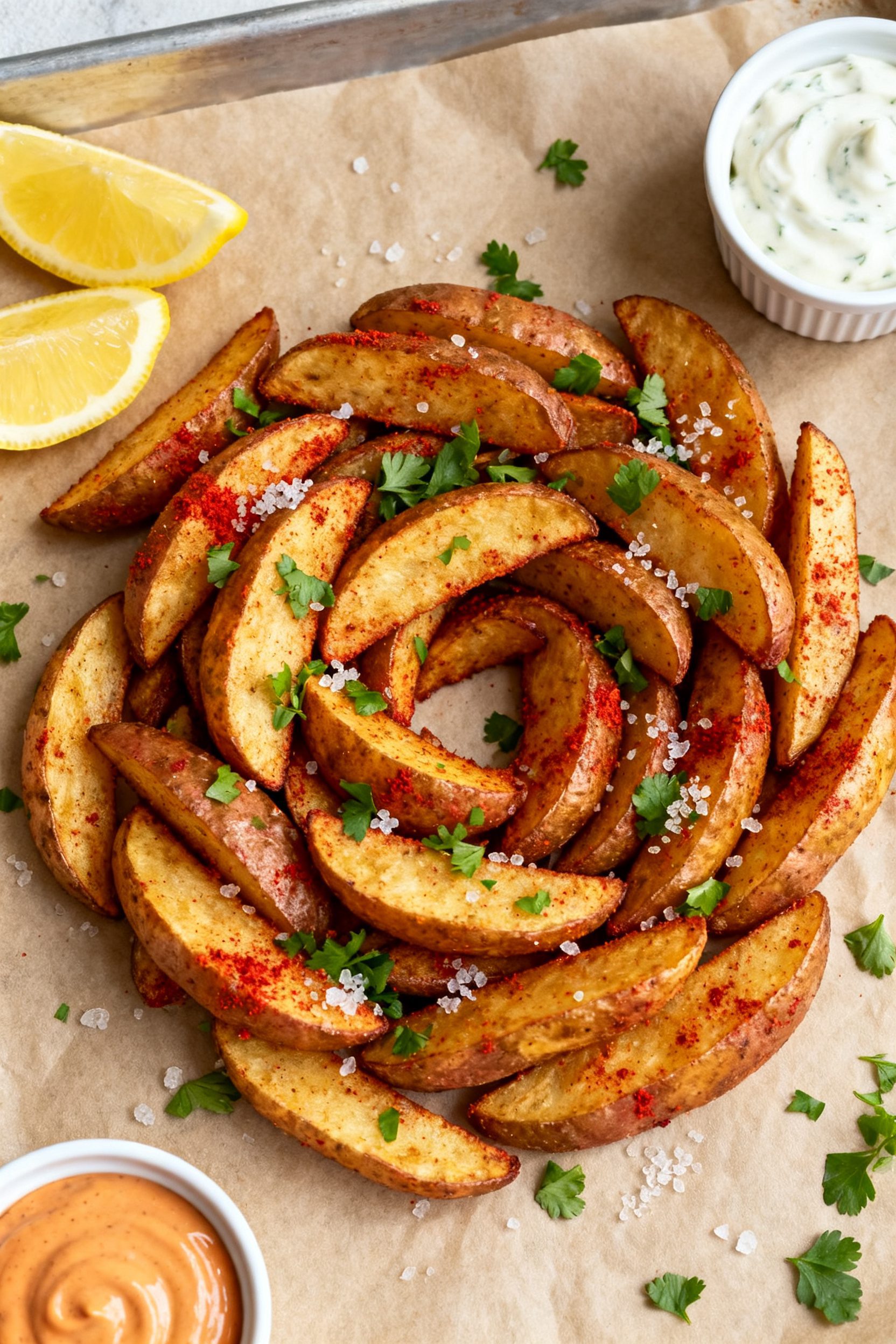 Tasty top view: Overhead shot of a parchment-lined tray piled with finished potato wedges arranged i