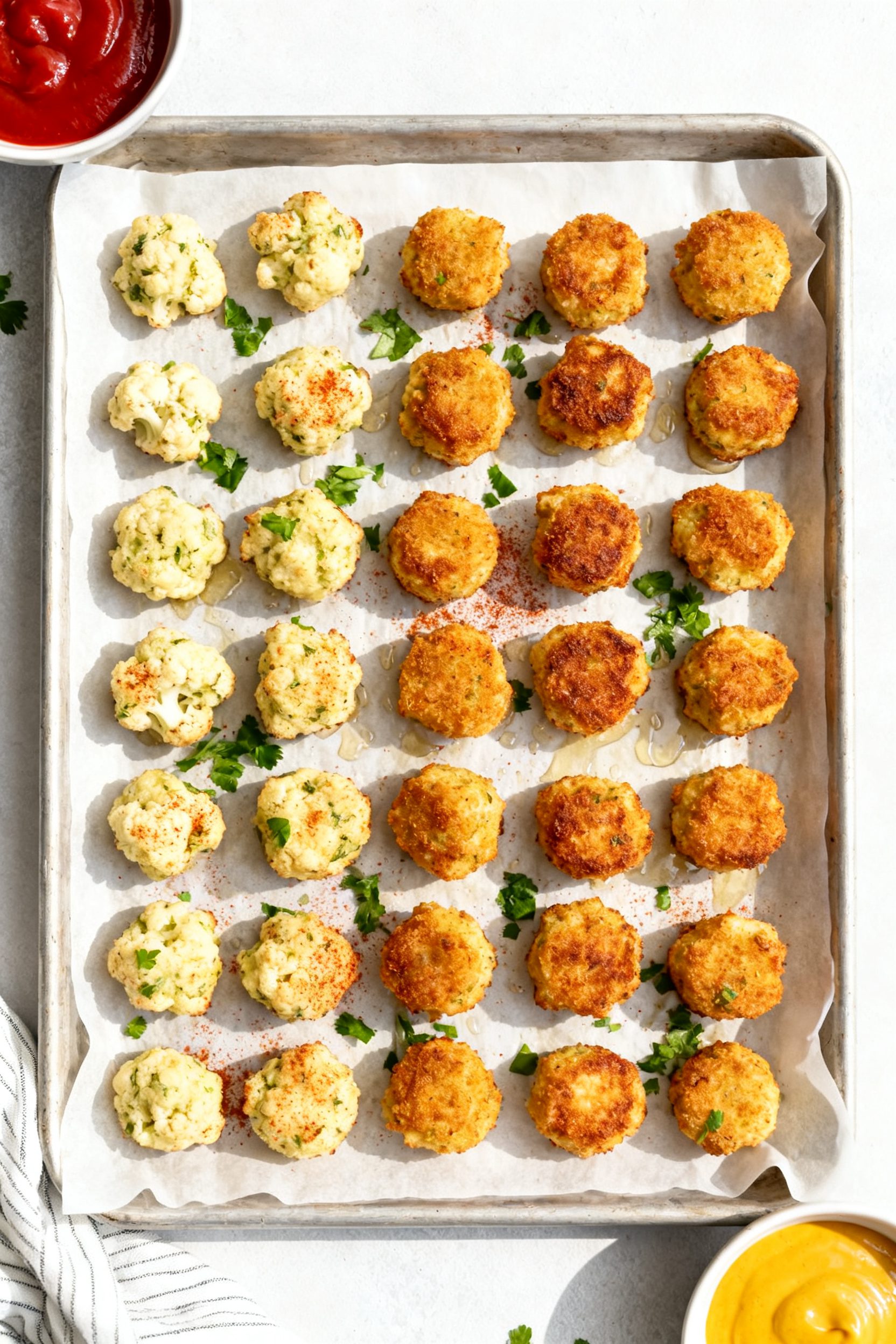 Tasty top view: Overhead shot of a parchment-lined tray filled with neatly arranged cauliflower tots