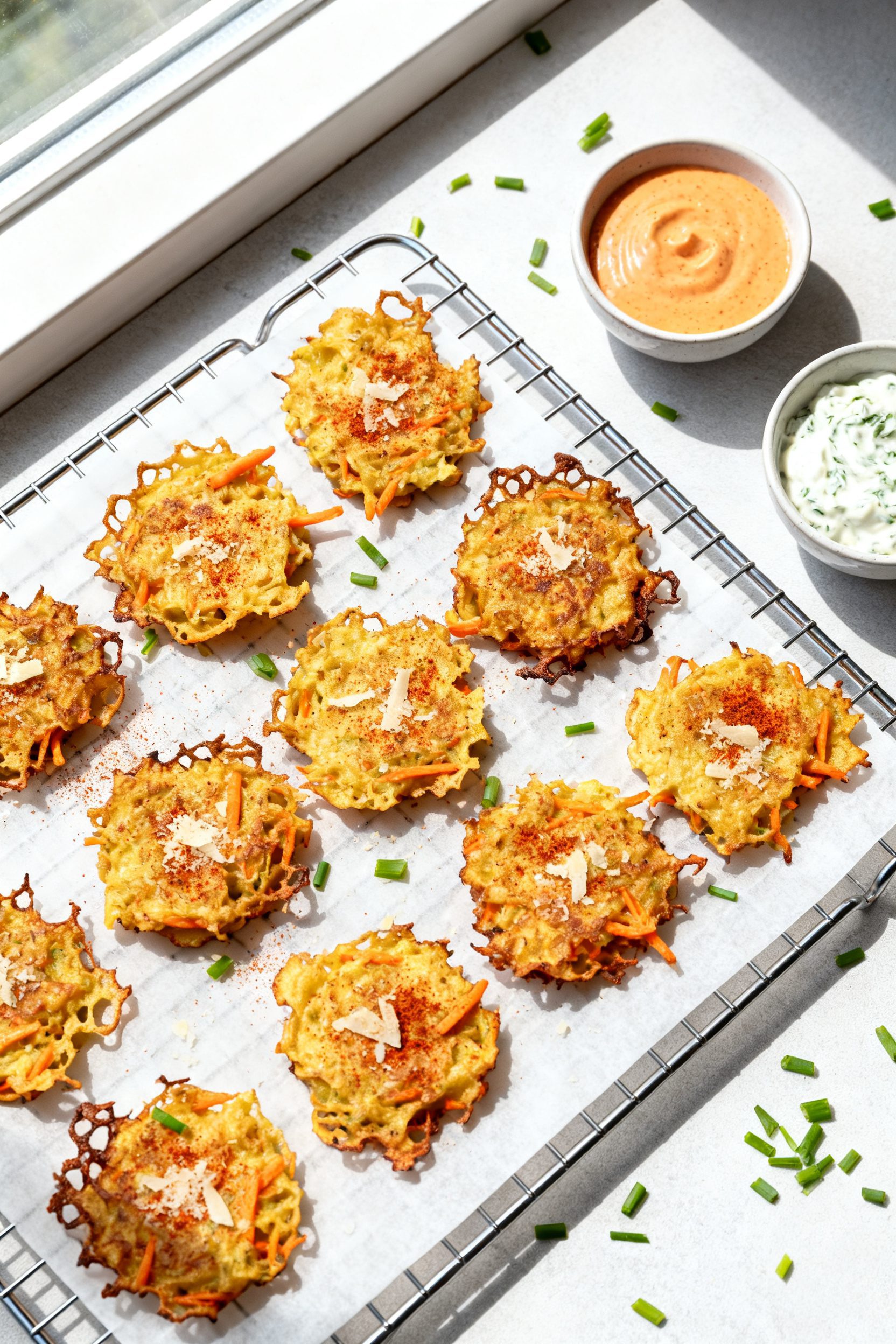 Tasty top view: Overhead shot of a parchment-lined wire rack holding a batch of finished fritters ke
