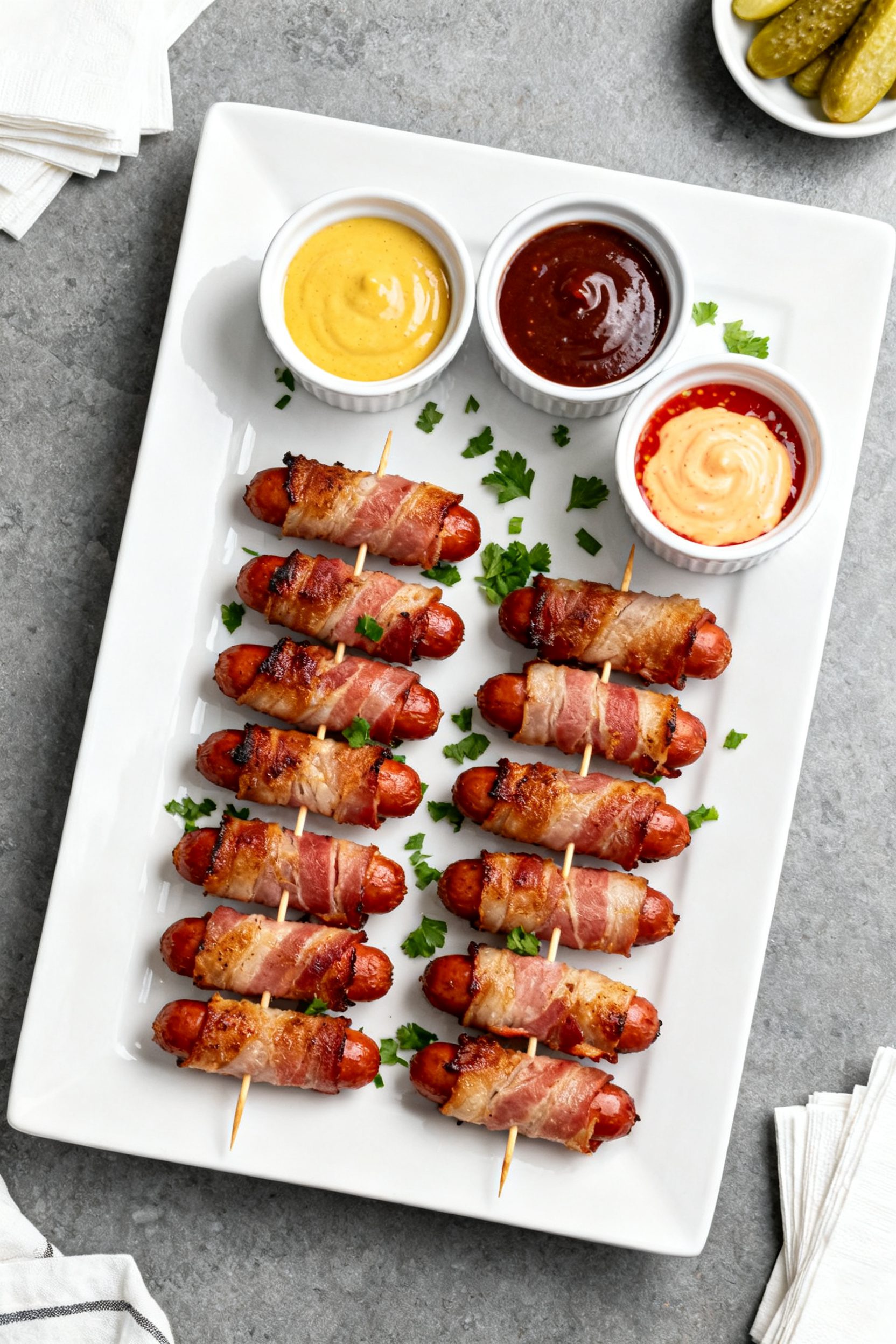 Tasty top view: Overhead shot of a party platter of air fryer bacon wrapped sausages arranged in nea