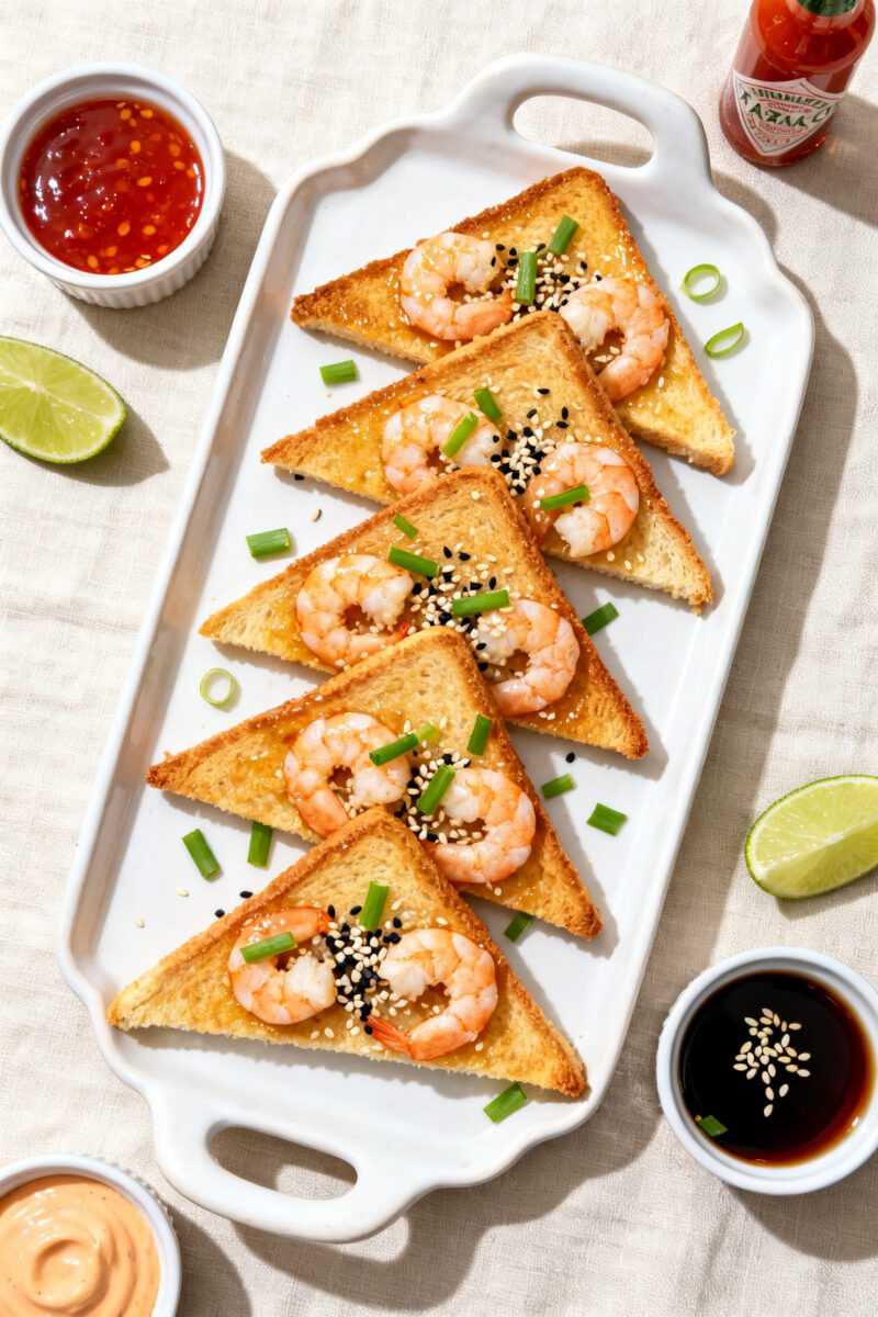 Tasty top view: Overhead shot of a party-style platter of triangular shrimp toasts on a white cerami
