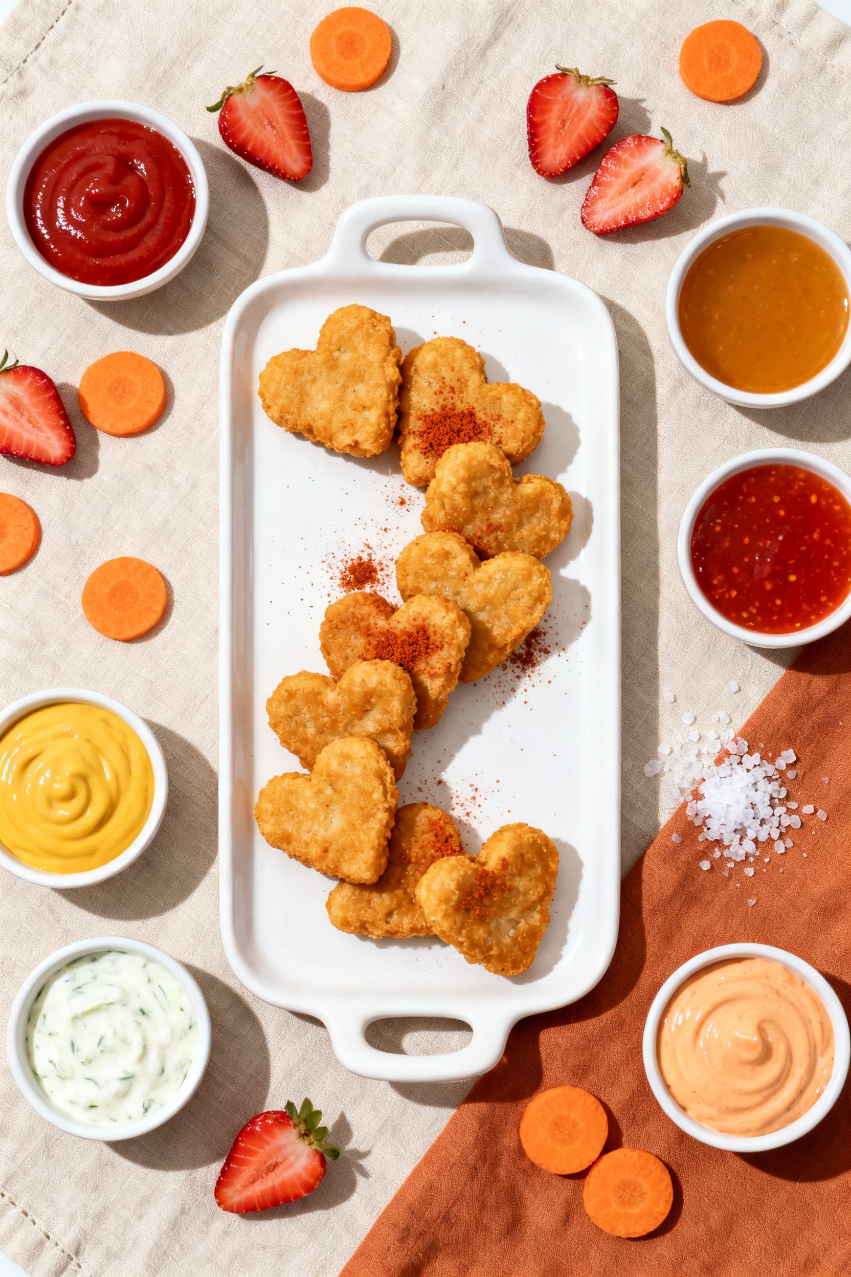 Tasty top view: Overhead shot of a party-style platter of heart-shaped chicken nuggets arranged in a