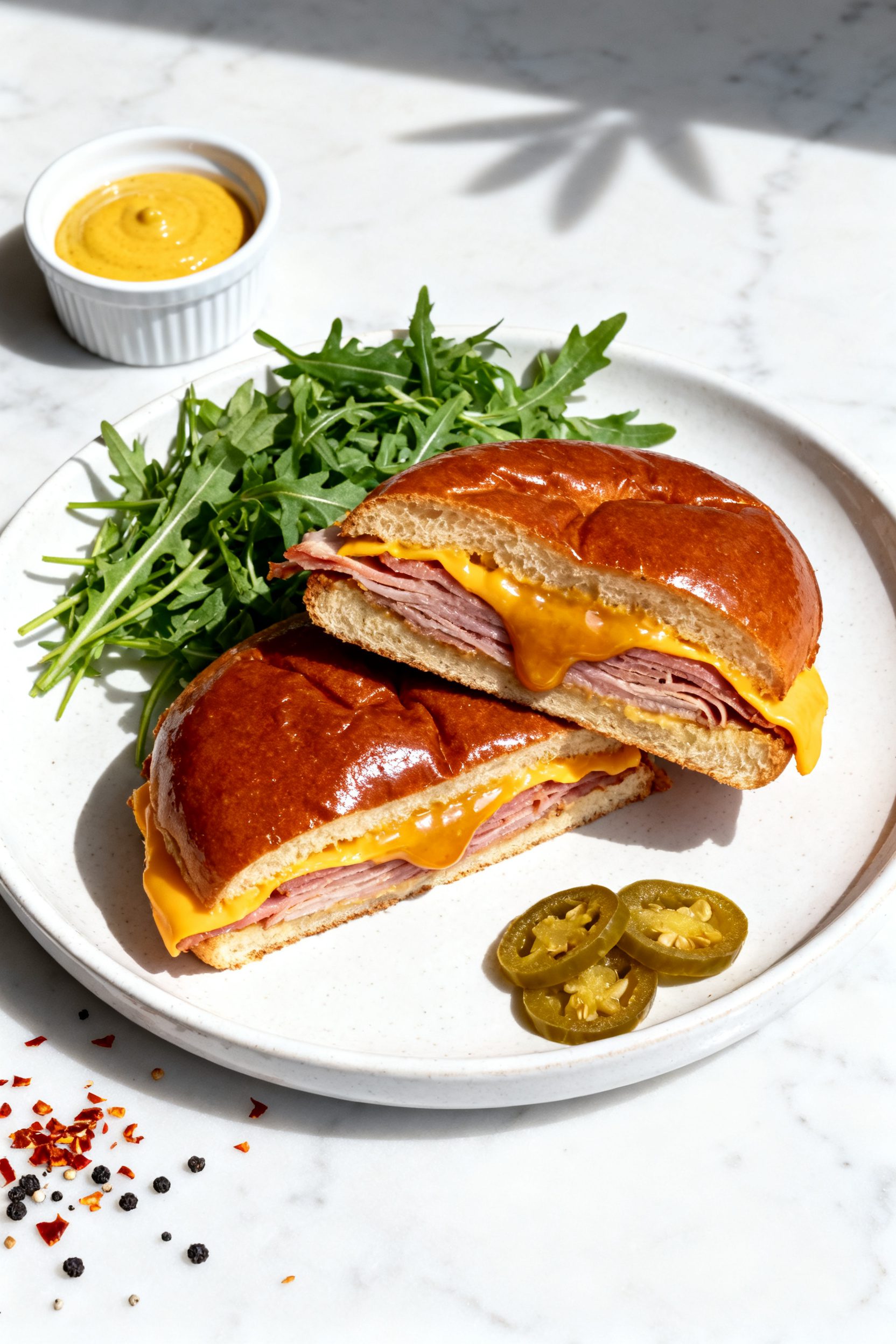 Tasty top view: Overhead shot of a plated “Smoky Sweet” variation—brioche exterior deeply gold