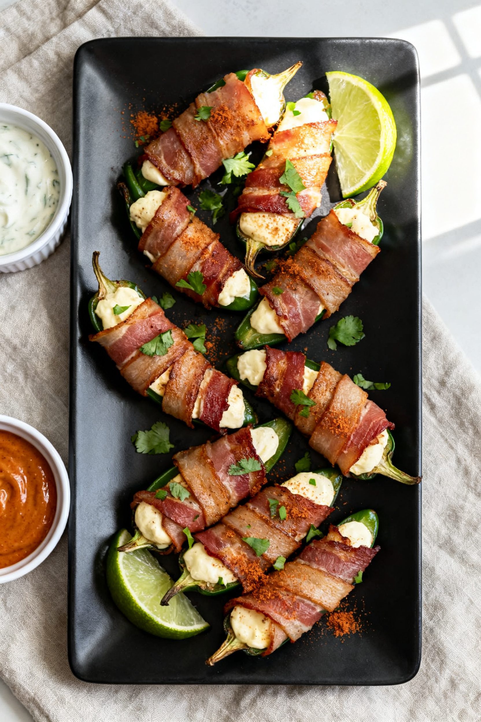 Tasty top view: Overhead shot of a platter of air fryer bacon wrapped jalapenos arranged in a loose 