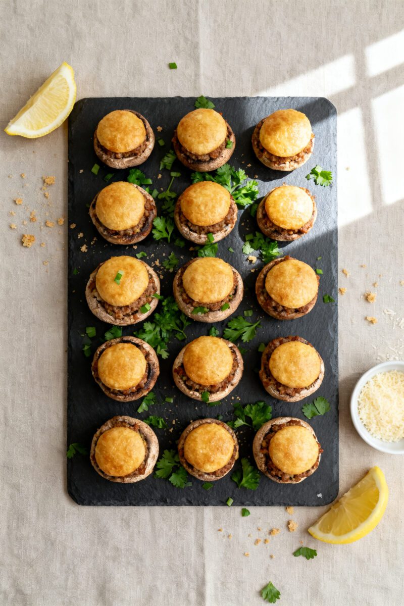 Tasty top view: Overhead shot of a platter of air fryer sausage stuffed mushrooms arranged in a tigh