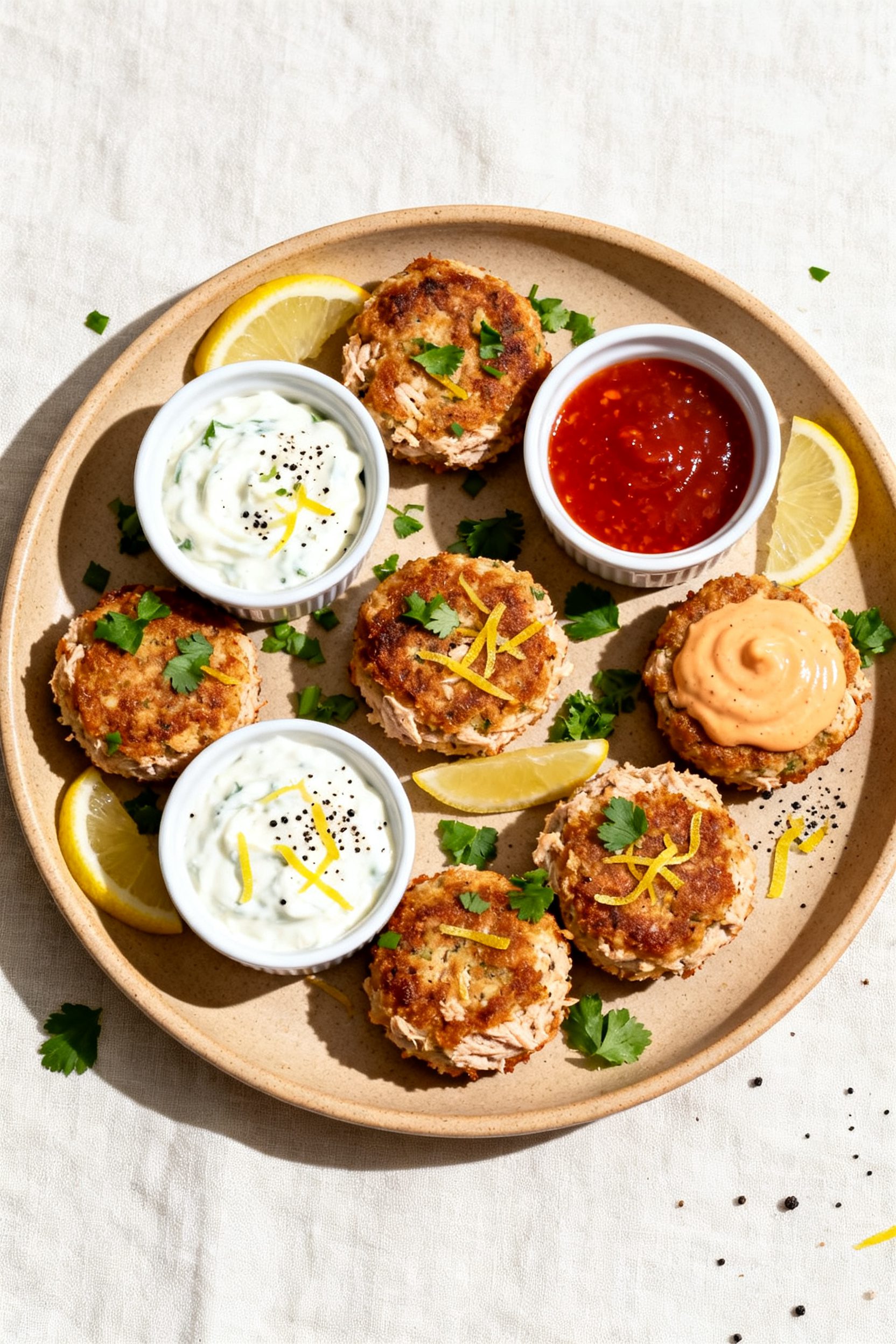 Tasty top view: Overhead shot of a platter of Air Fryer Tuna Bites arranged in a circular pattern ar