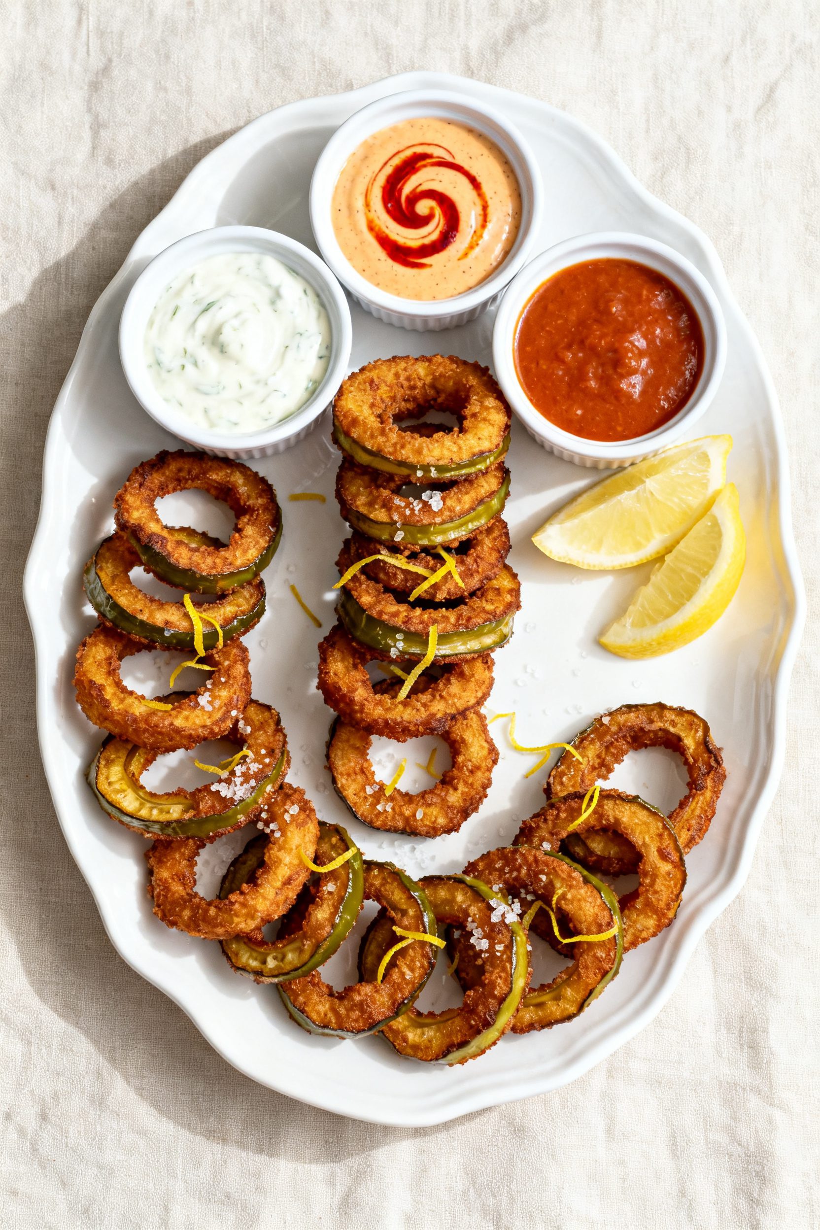 Tasty top view: Overhead shot of a platter of air fryer banana pepper rings arranged in a loose spir
