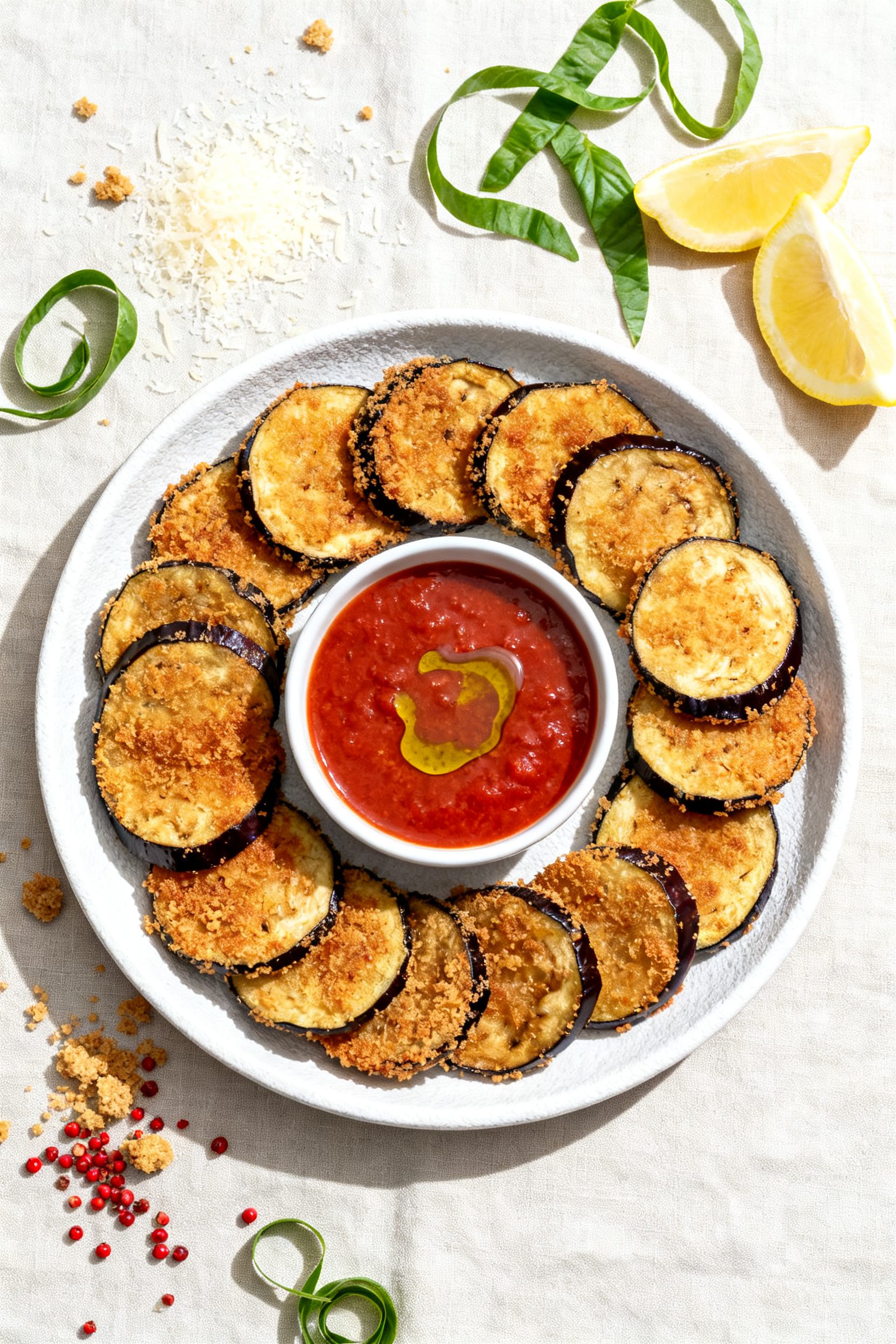 Tasty top view: Overhead shot of a platter of air fryer breaded eggplant arranged in a shingled circ
